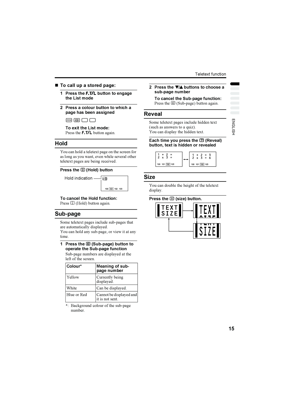 JVC AV28X25EU, AV32X25EU, AV28H20EU, AV32H20EU manual Hold, Reveal, Size, Sub-page, „ To call up a stored 