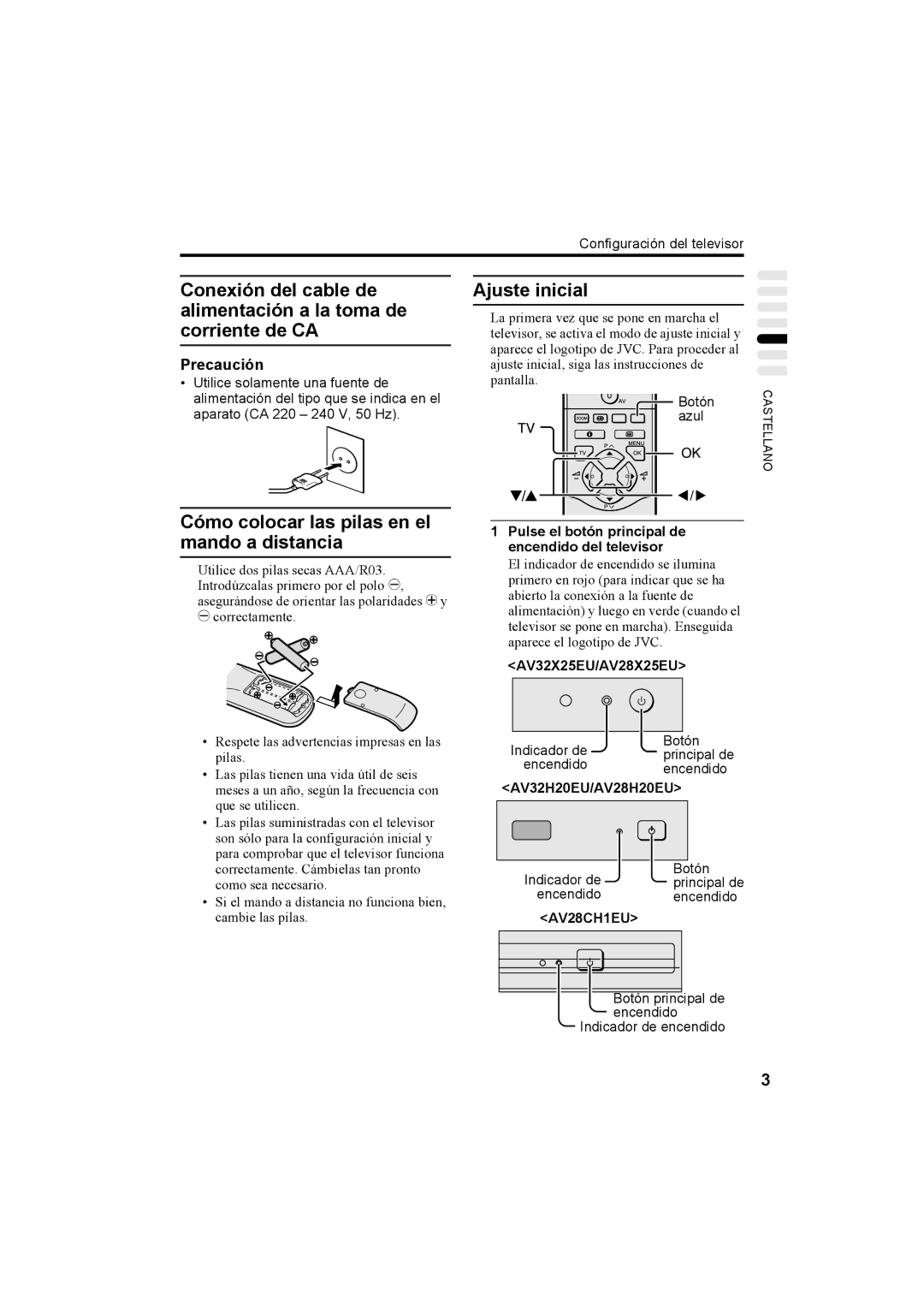 JVC AV28X25EU, AV32X25EU, AV28H20EU, AV32H20EU manual Cómo colocar las pilas en el mando a distancia, Ajuste inicial 