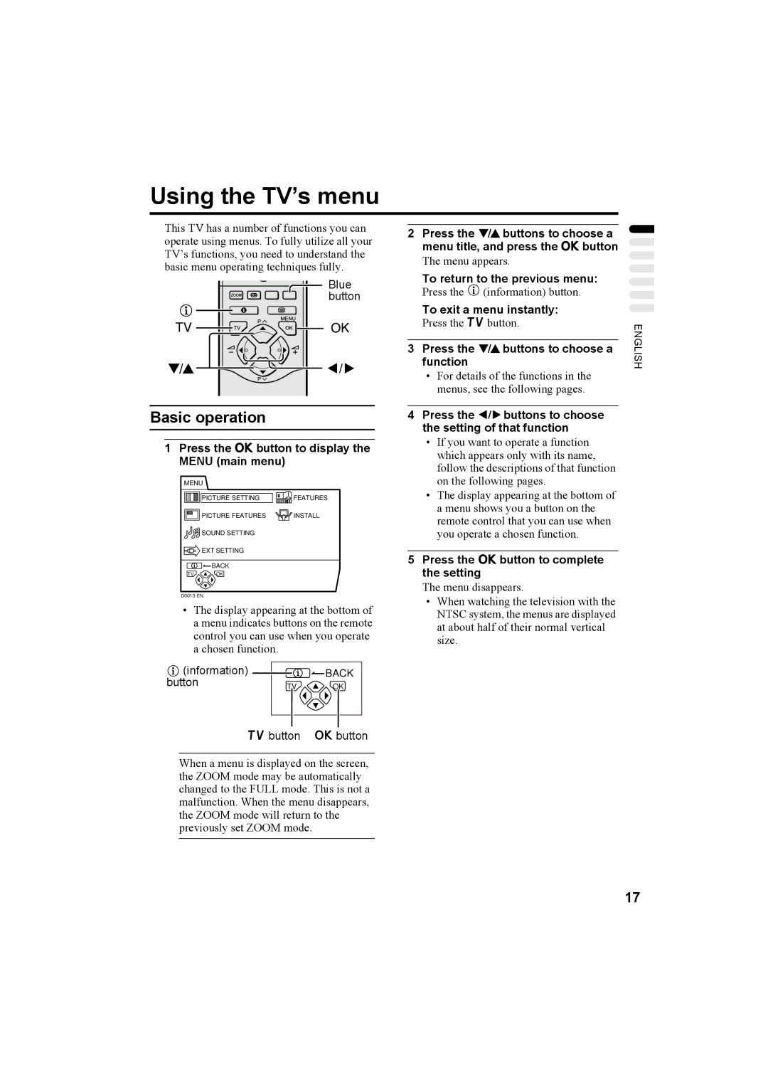 JVC AV32H20EU, AV32X25EU, AV28X25EU, AV28H20EU manual Using the TV’s menu 