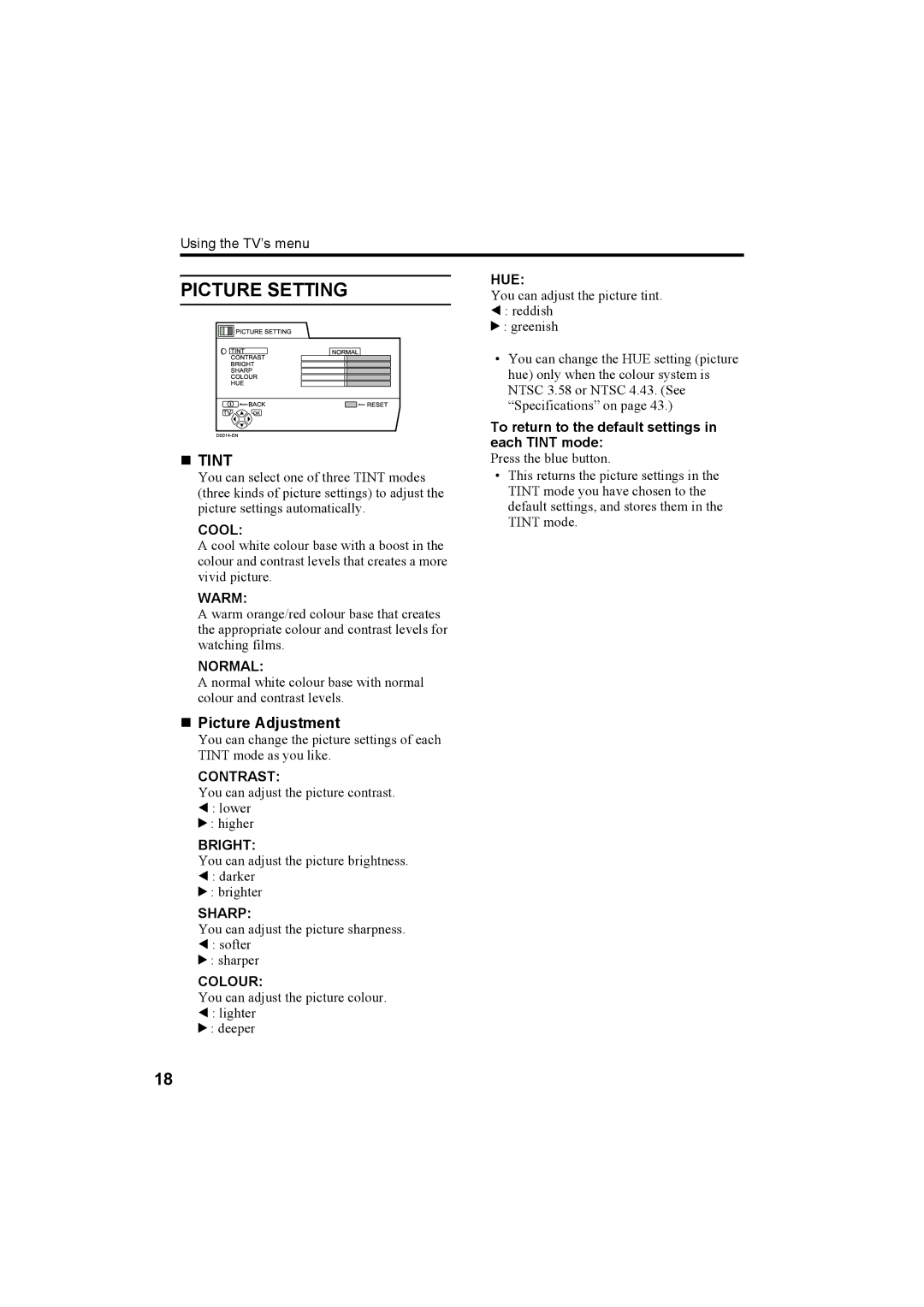 JVC AV32X25EU, AV28X25EU, AV28H20EU, AV32H20EU manual Picture Setting, „ Tint, „ Picture Adjustment 