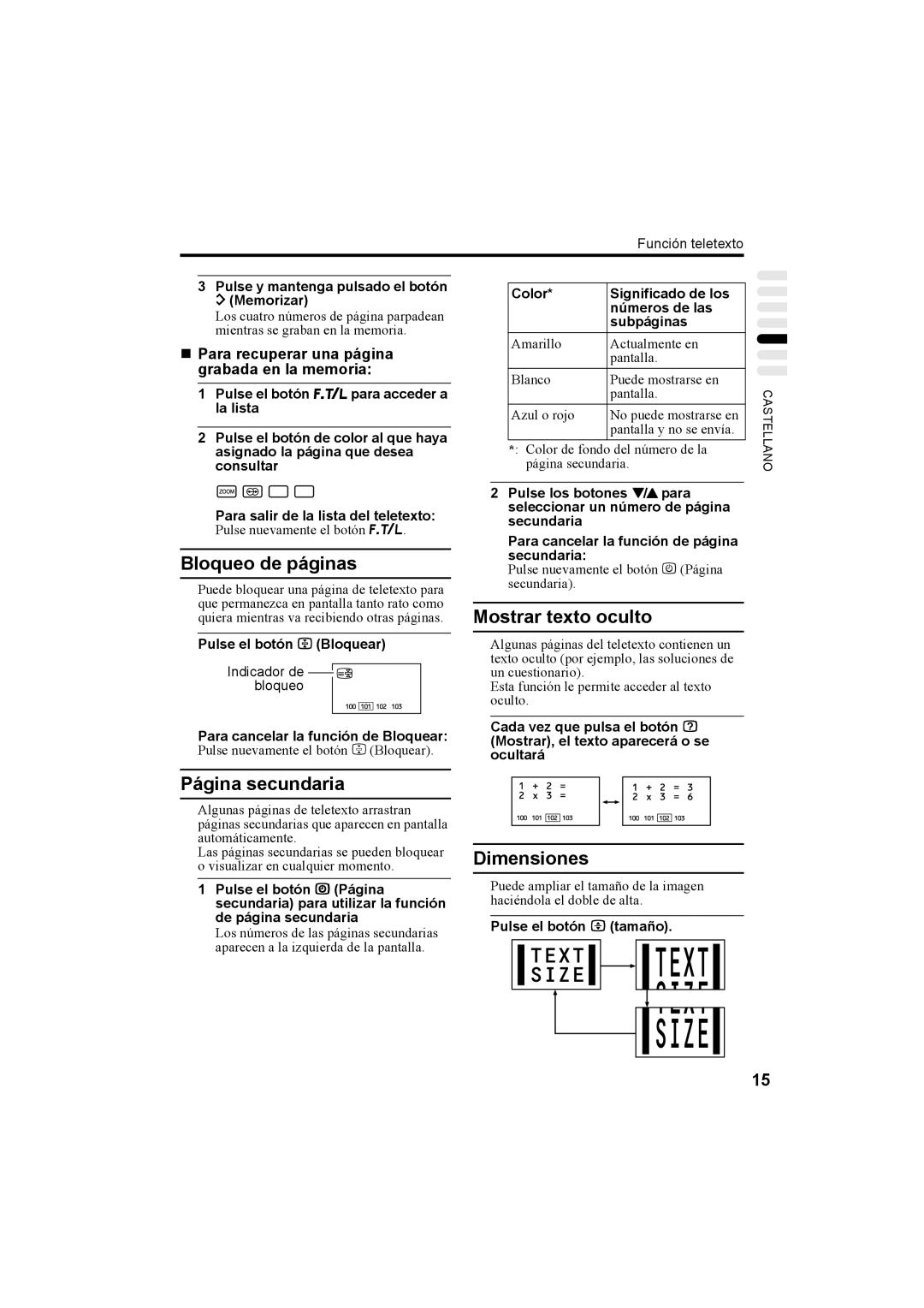 JVC AV28X25EU, AV32X25EU, AV28H20EU, AV32H20EU manual Bloqueo de páginas, Mostrar texto oculto, Página secundaria, Dimensiones 