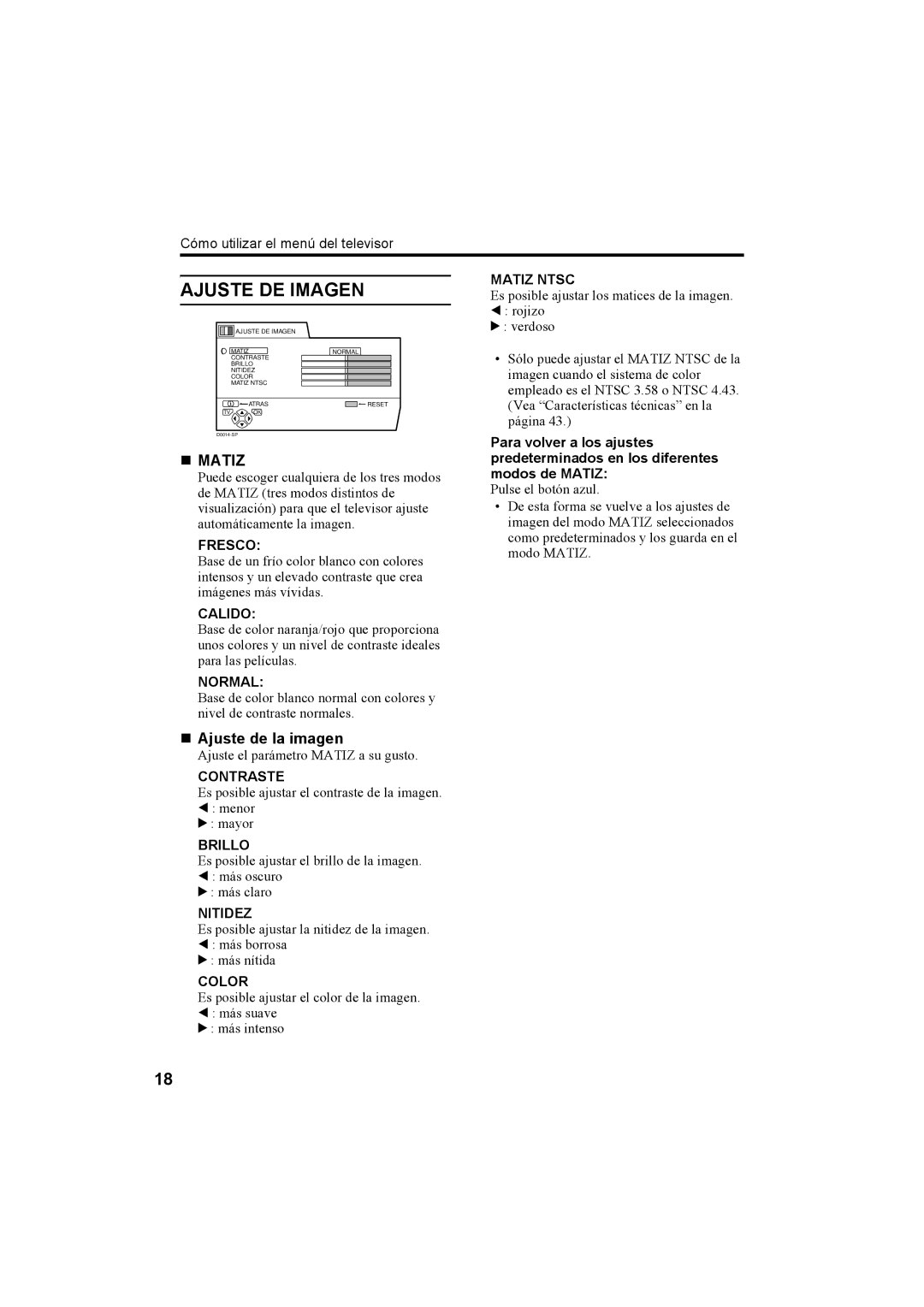 JVC AV32X25EU, AV28X25EU, AV28H20EU, AV32H20EU manual Ajuste DE Imagen, „ Matiz, „ Ajuste de la imagen 