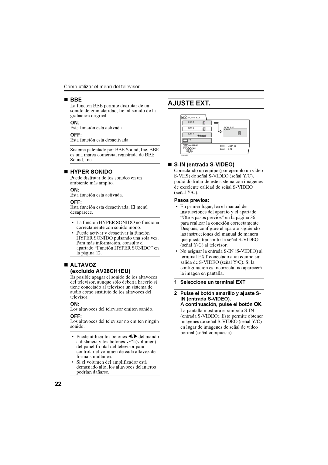 JVC AV32X25EU, AV28X25EU, AV28H20EU manual Ajuste EXT, „ Hyper Sonido, „ Altavoz, Excluido AV28CH1EU, „ S-IN entrada S-VIDEO 