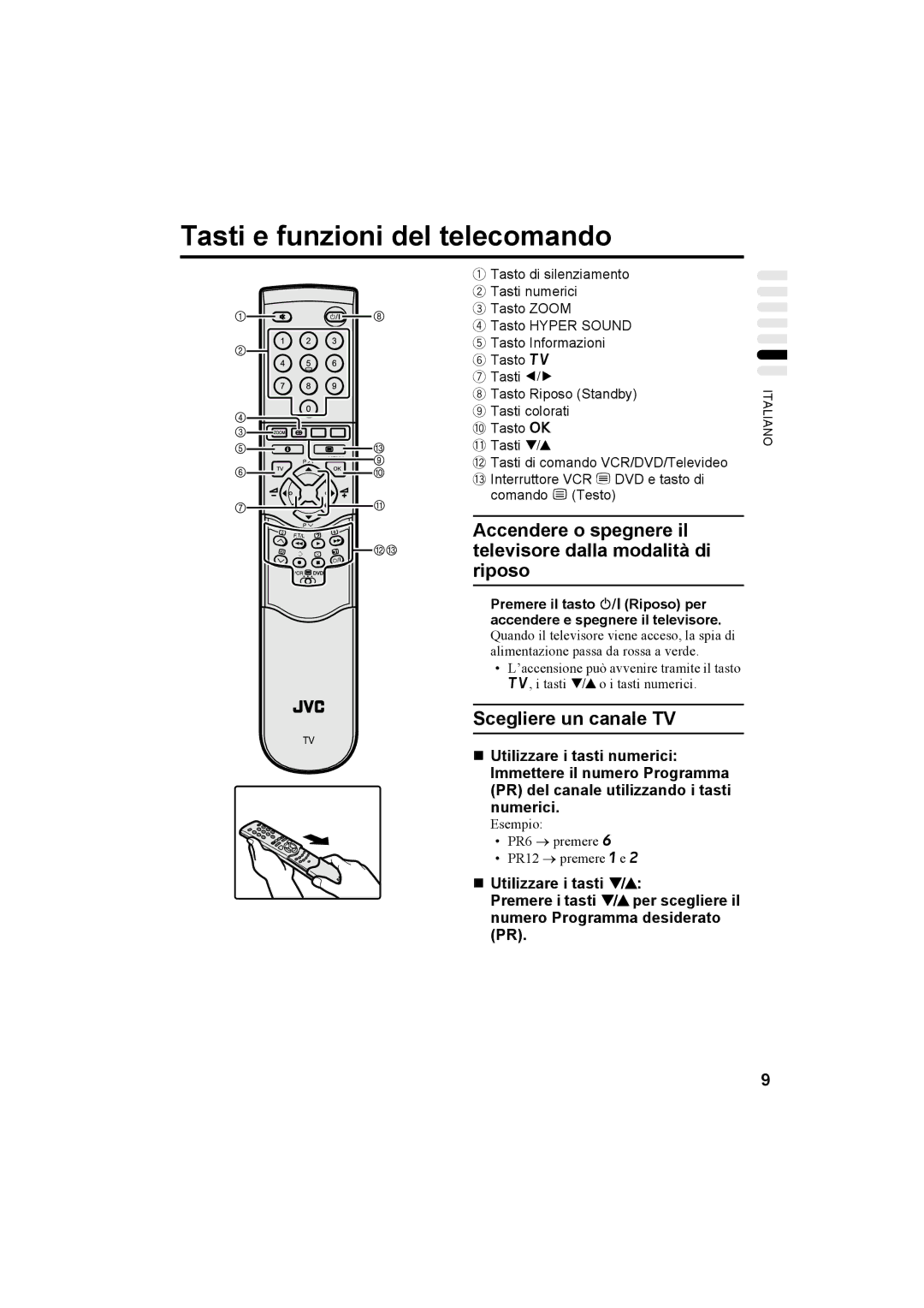 JVC AV28X25EU, AV32X25EU Tasti e funzioni del telecomando, Accendere o spegnere il, Televisore dalla modalità di, Riposo 