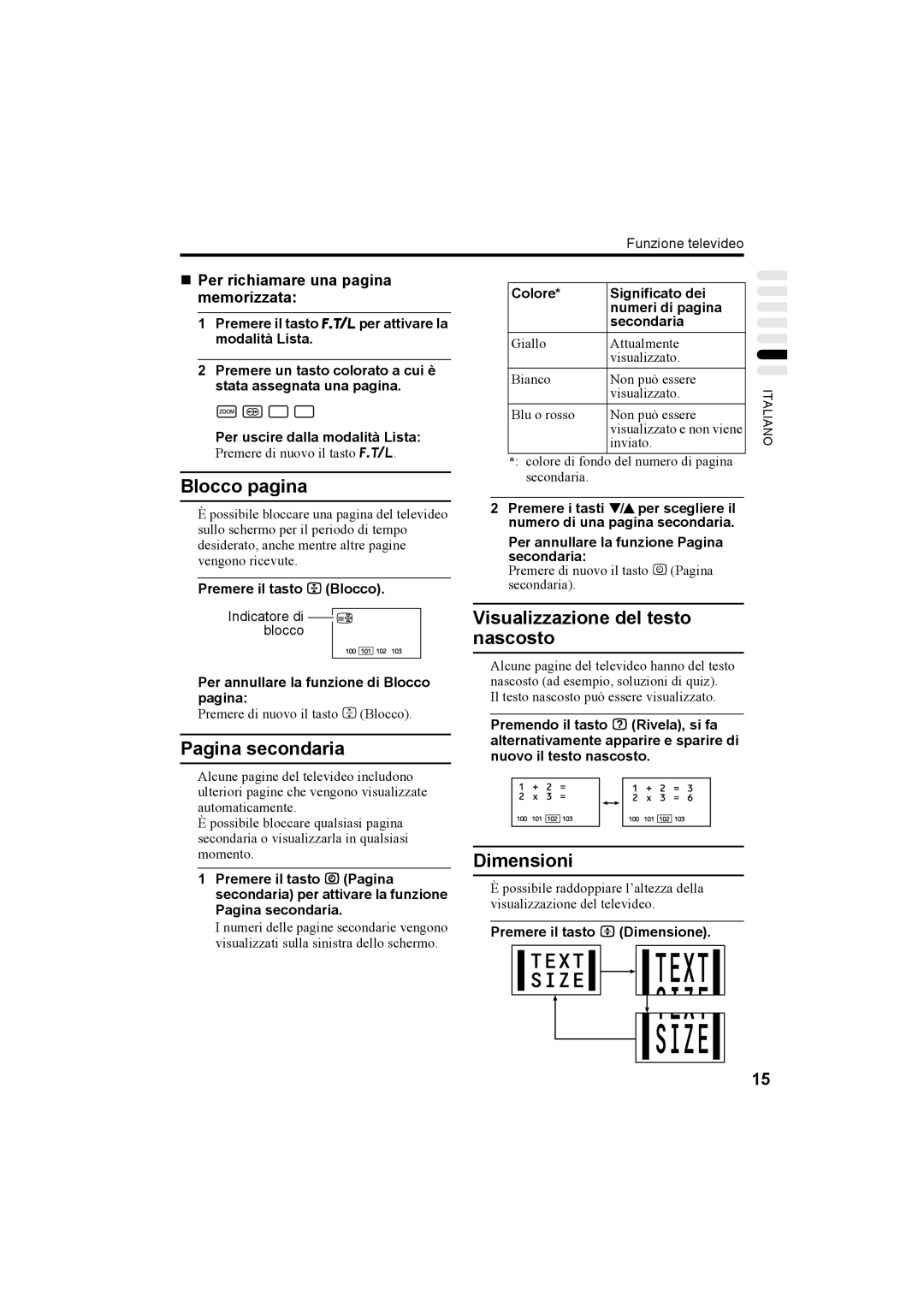 JVC AV32H20EU, AV32X25EU, AV28X25EU manual Blocco pagina, Pagina secondaria, Visualizzazione del testo nascosto, Dimensioni 