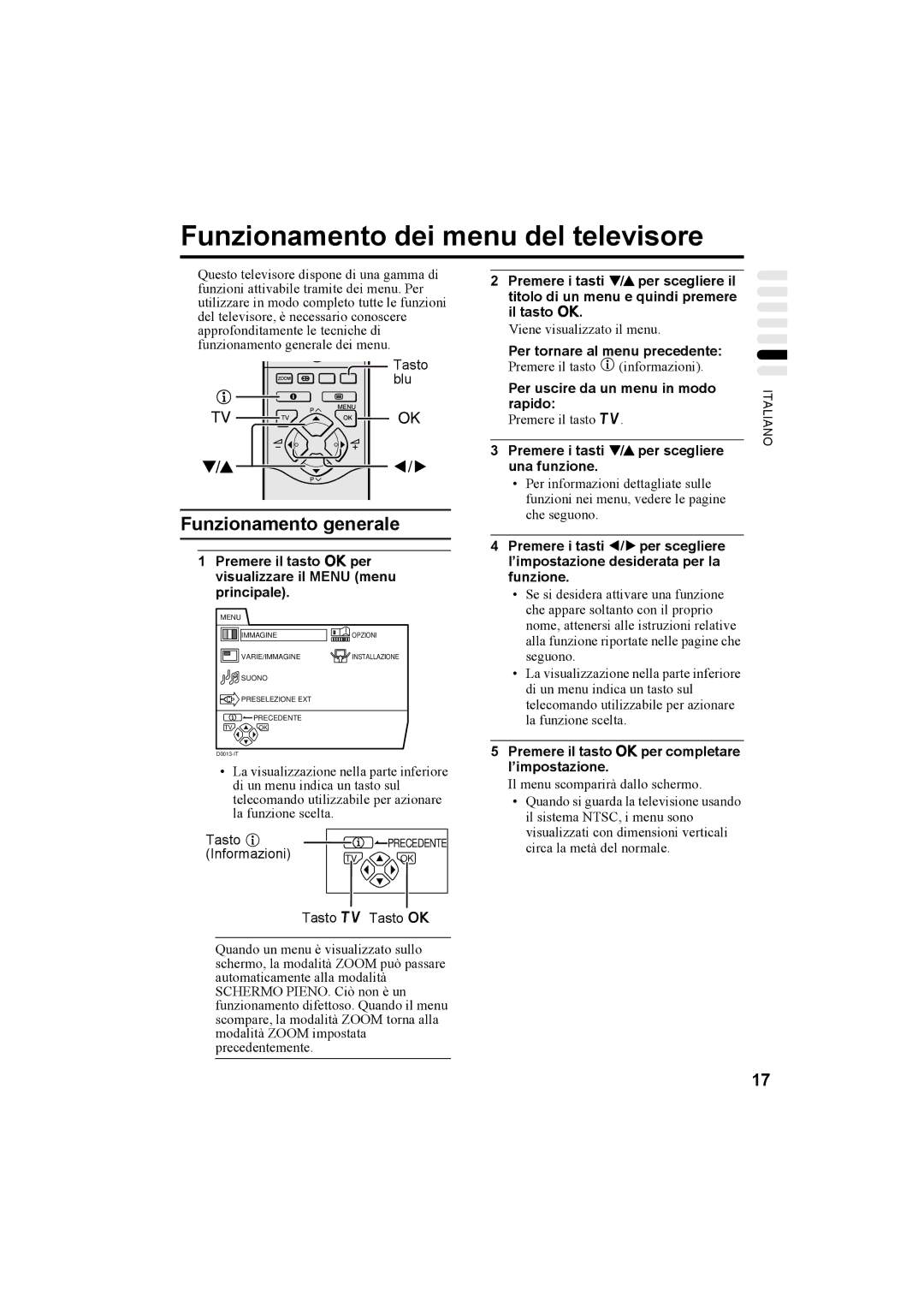 JVC AV28X25EU, AV32X25EU, AV28H20EU, AV32H20EU manual Funzionamento dei menu del televisore 