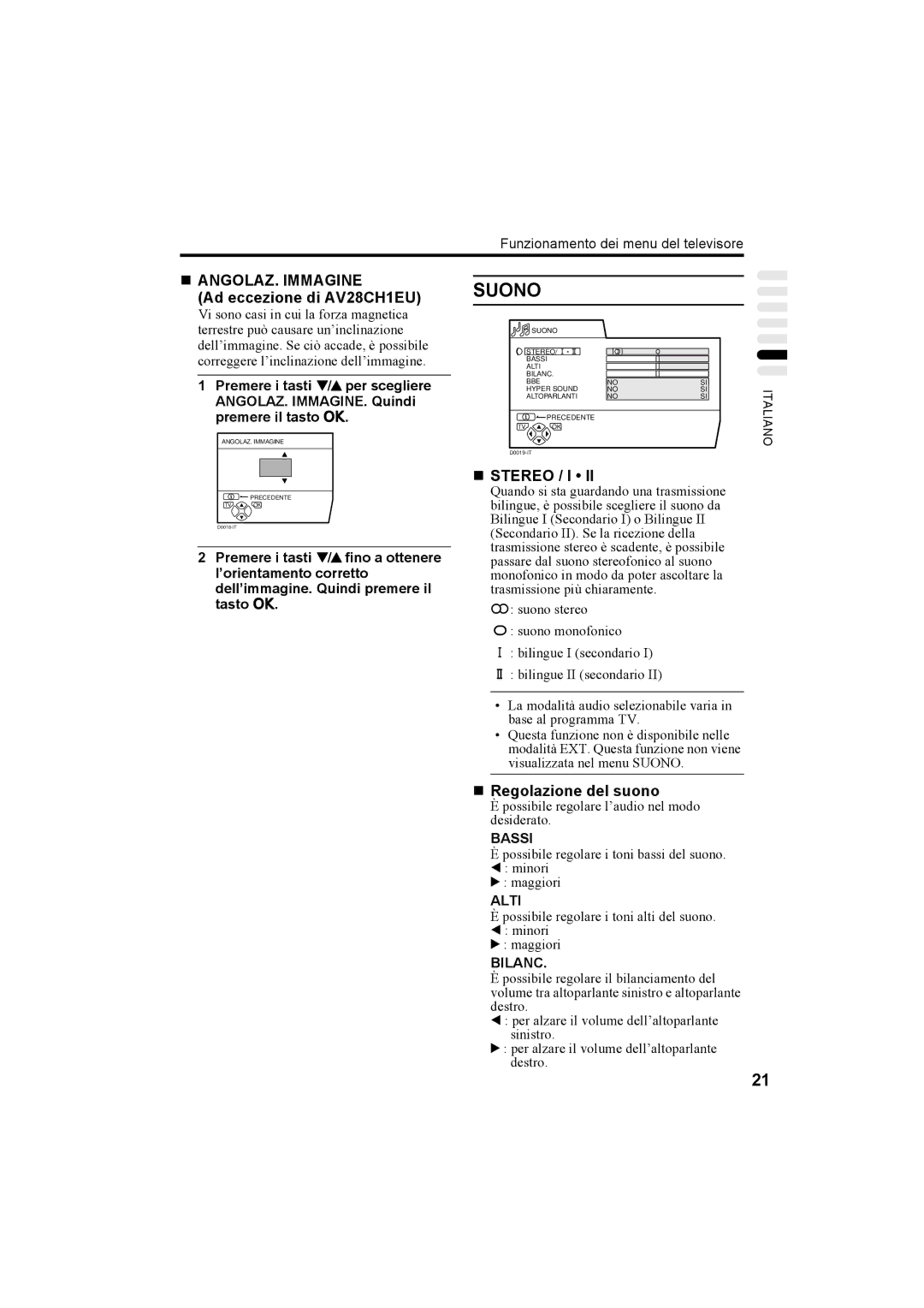 JVC AV28X25EU, AV32X25EU, AV28H20EU manual Suono, „ ANGOLAZ. Immagine, Ad eccezione di AV28CH1EU, „ Regolazione del suono 