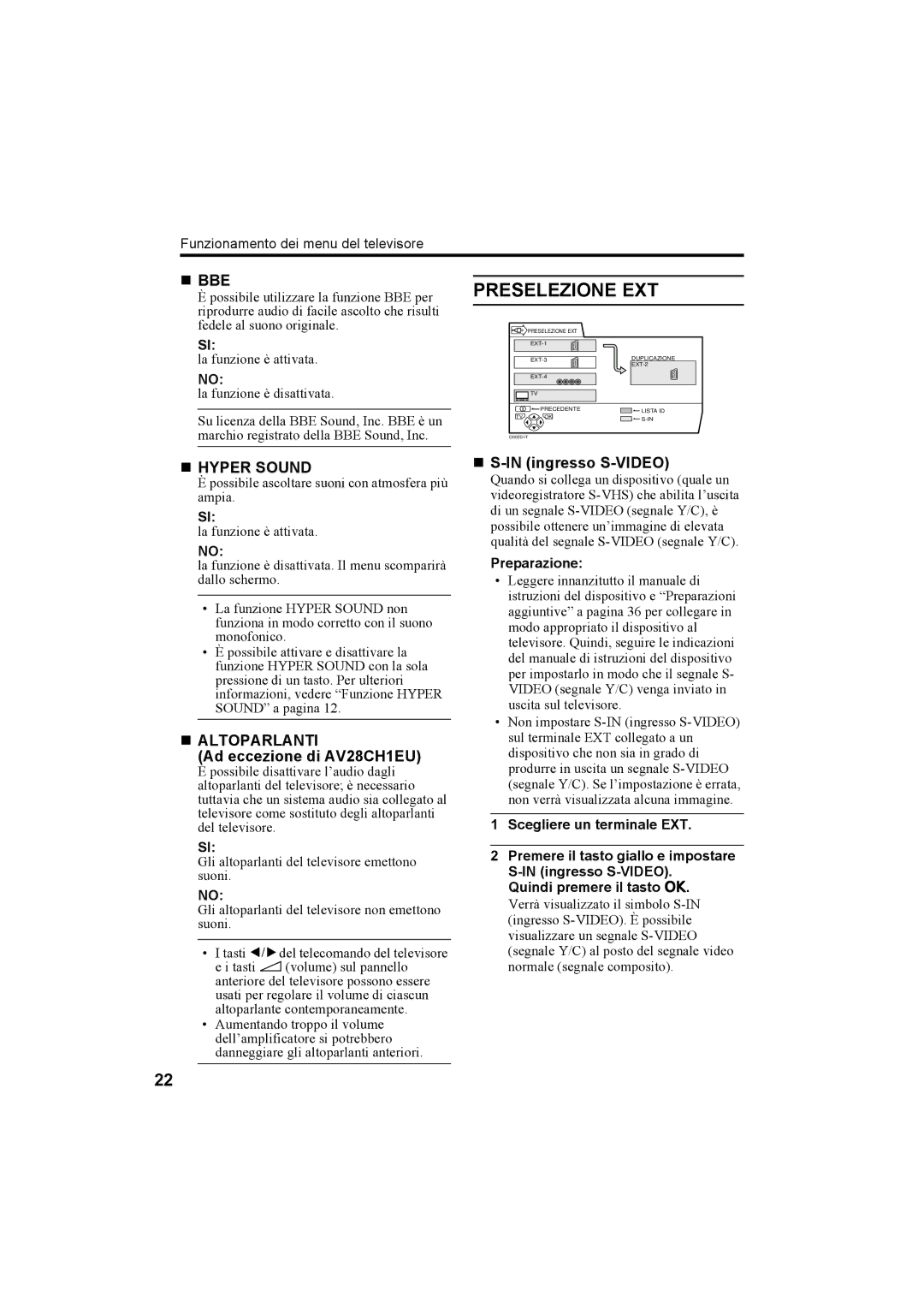 JVC AV28H20EU, AV32X25EU, AV28X25EU, AV32H20EU manual Preselezione EXT, „ Altoparlanti, „ S-IN ingresso S-VIDEO, Preparazione 