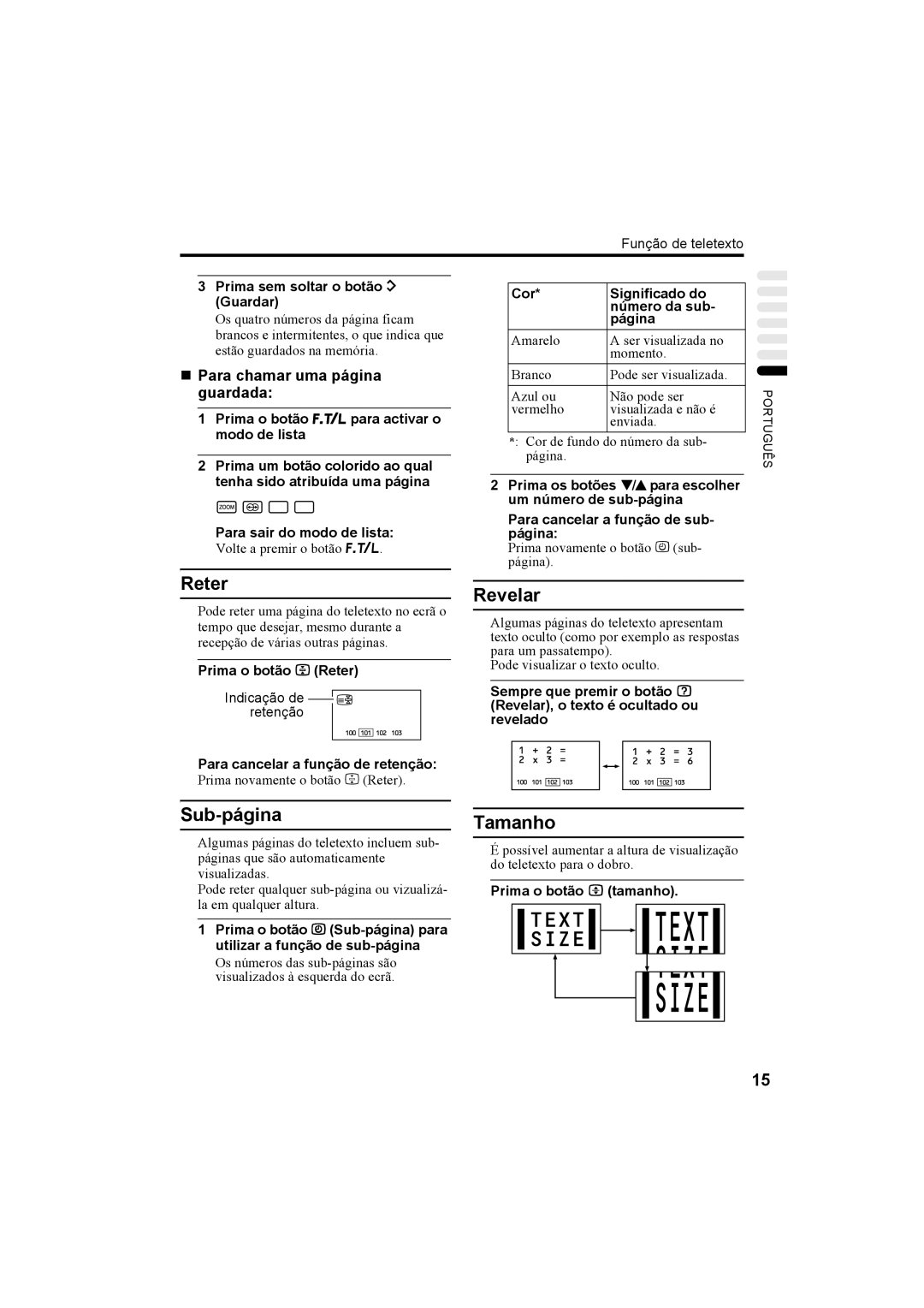 JVC AV28X25EU, AV32X25EU, AV28H20EU, AV32H20EU manual Reter, Revelar, Sub-página, Tamanho, „ Para chamar uma página guardada 