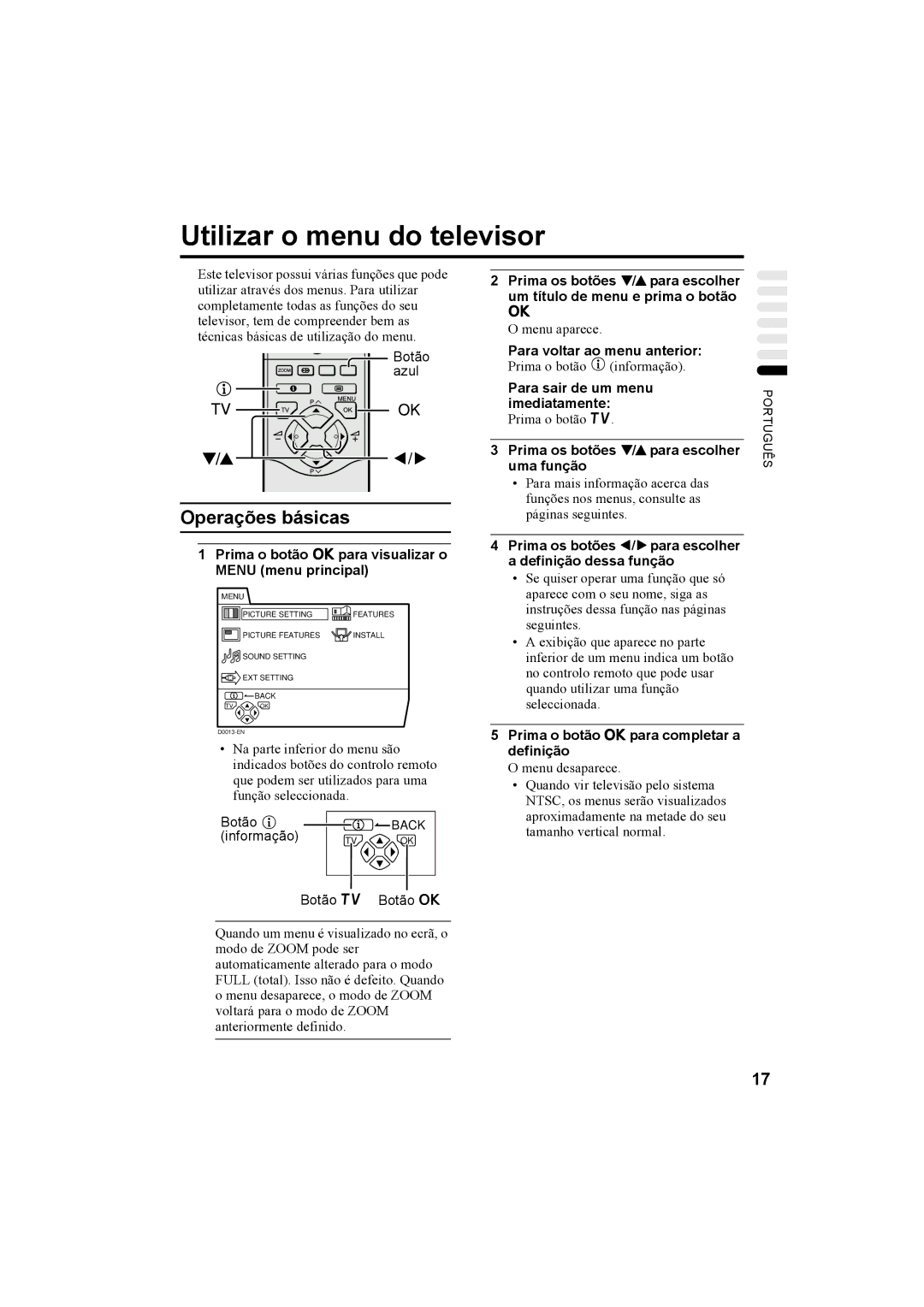 JVC AV32H20EU, AV32X25EU, AV28X25EU, AV28H20EU manual Utilizar o menu do televisor 