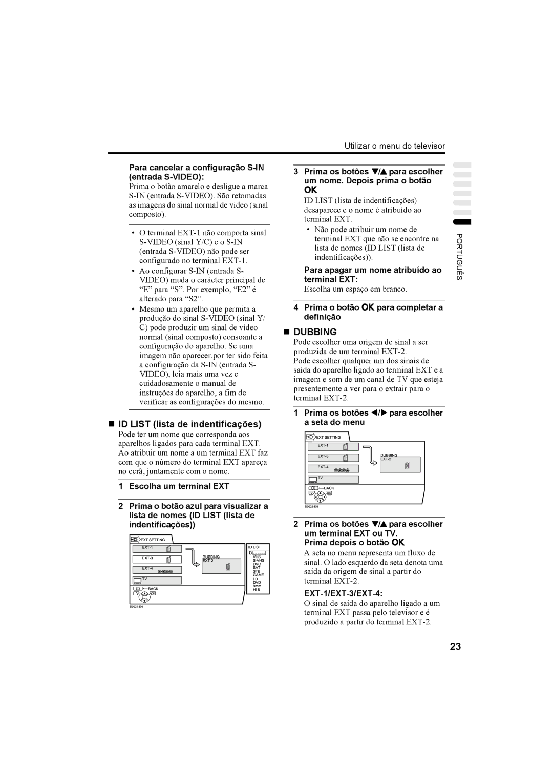 JVC AV28X25EU manual „ ID List lista de indentificações, Para cancelar a configuração S-IN entrada S-VIDEO, Indentificações 