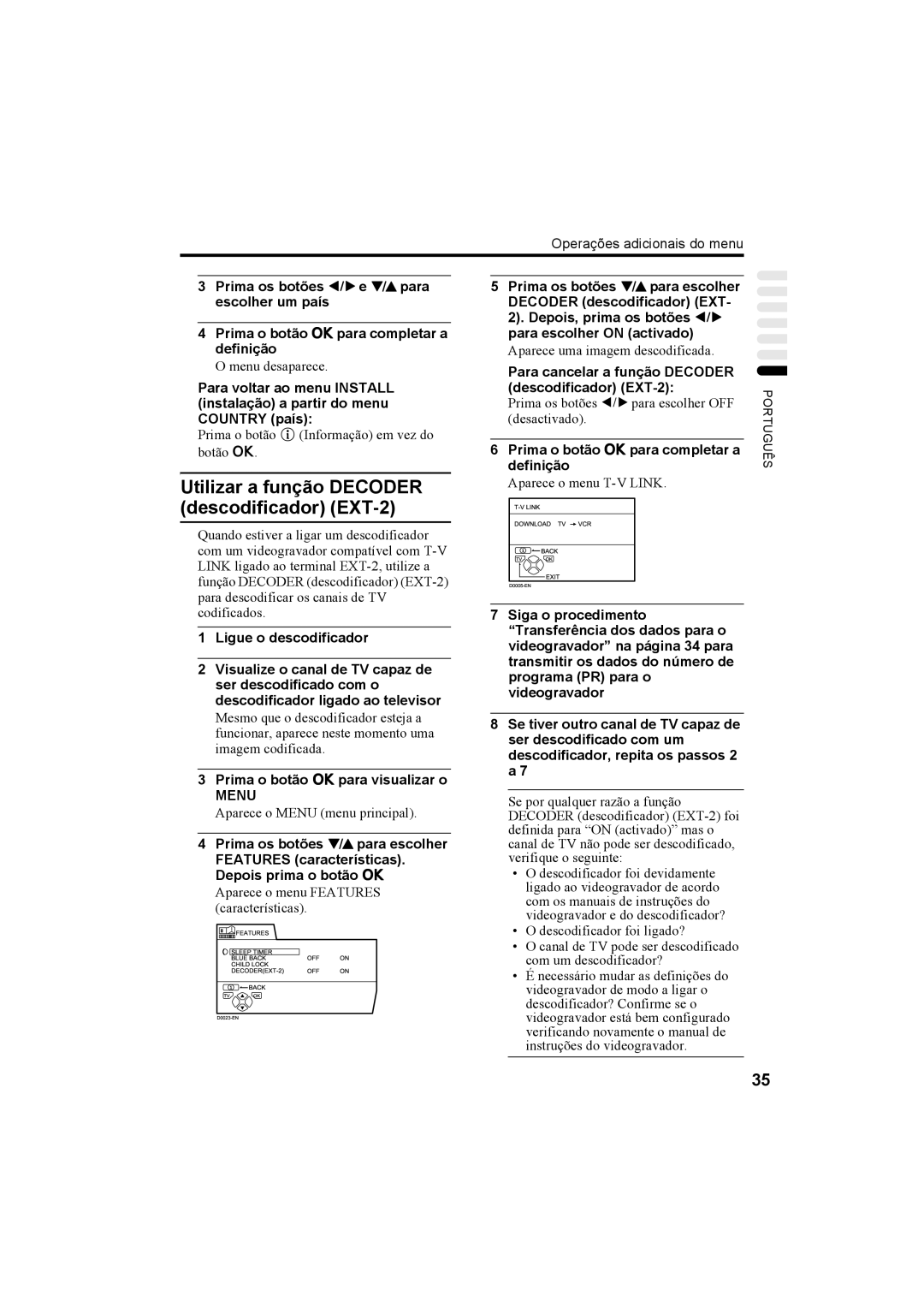 JVC AV28X25EU manual Utilizar a função Decoder descodificador EXT-2, Para cancelar a função Decoder descodificador EXT-2 