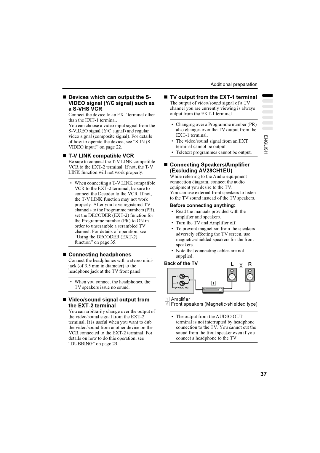 JVC AV32H20EU „ T-V Link compatible VCR, „ Connecting headphones, „ Video/sound signal output from the EXT-2 terminal 