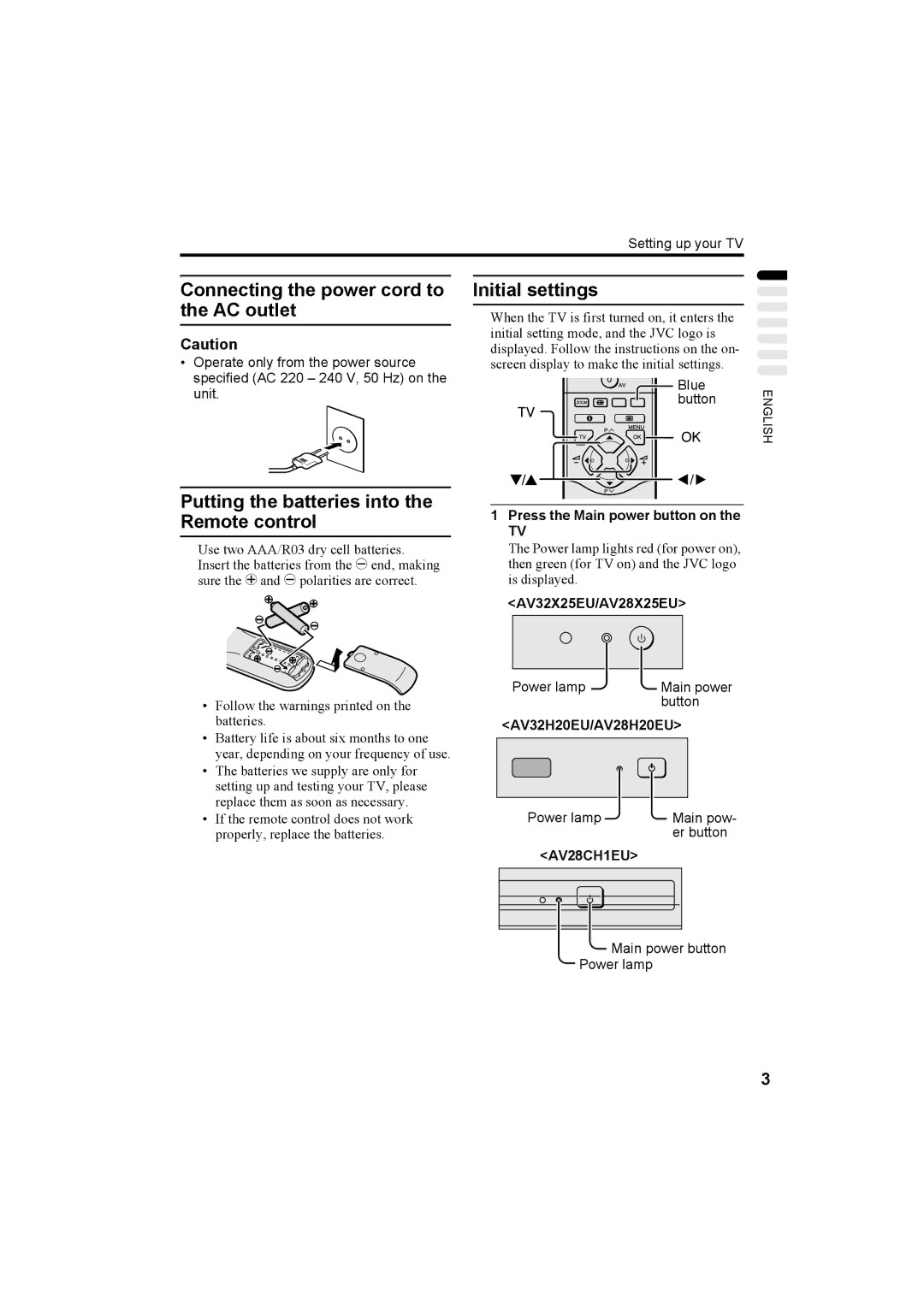 JVC AV28X25EU Connecting the power cord to the AC outlet, Putting the batteries into the Remote control, Initial settings 