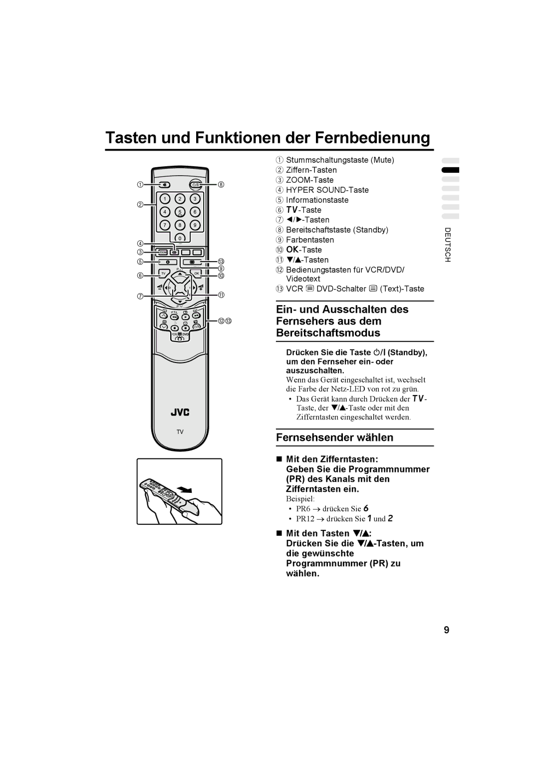 JVC AV28X25EU Tasten und Funktionen der Fernbedienung, Ein- und Ausschalten des, Fernsehers aus dem, Bereitschaftsmodus 