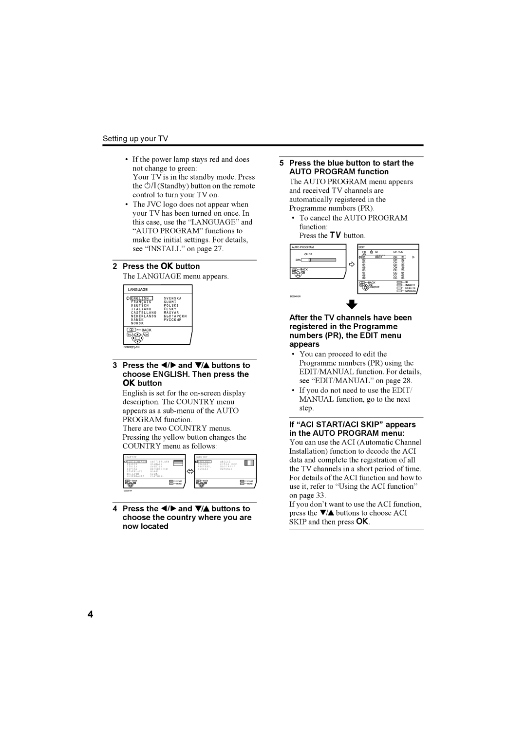 JVC AV28H20EU, AV32X25EU, AV28X25EU, AV32H20EU manual Language menu appears, Function 