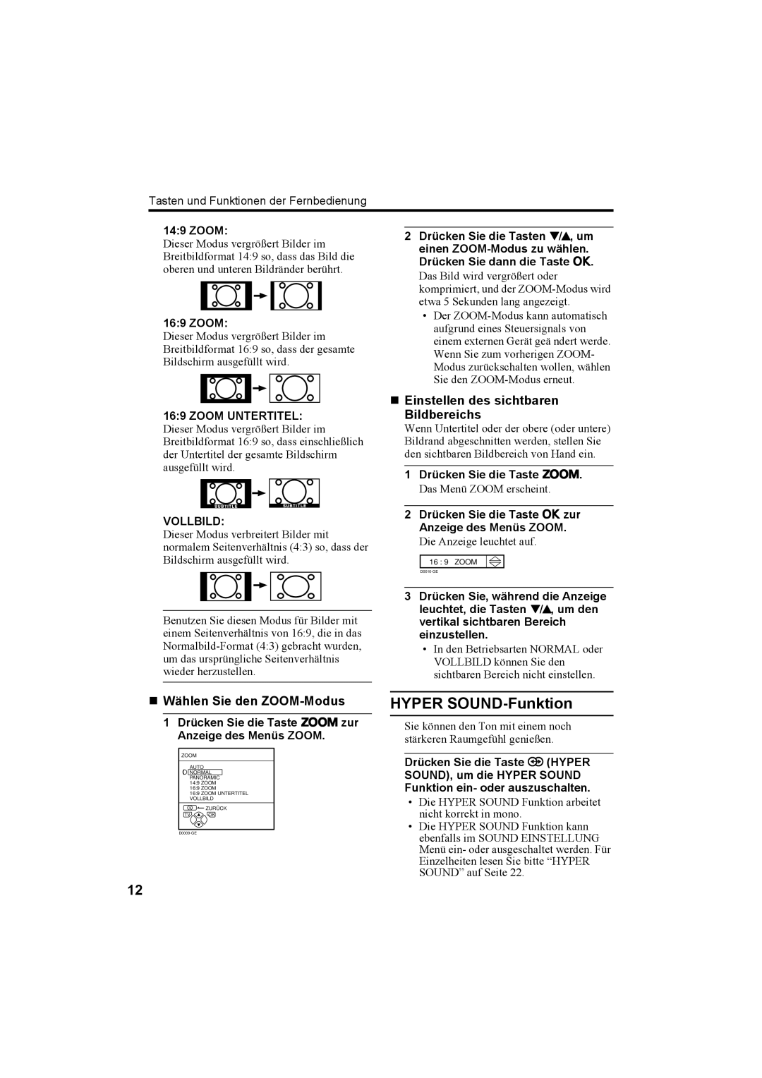 JVC AV32X25EU manual Hyper SOUND-Funktion, „ Einstellen des sichtbaren Bildbereichs, „ Wählen Sie den ZOOM-Modus, Vollbild 