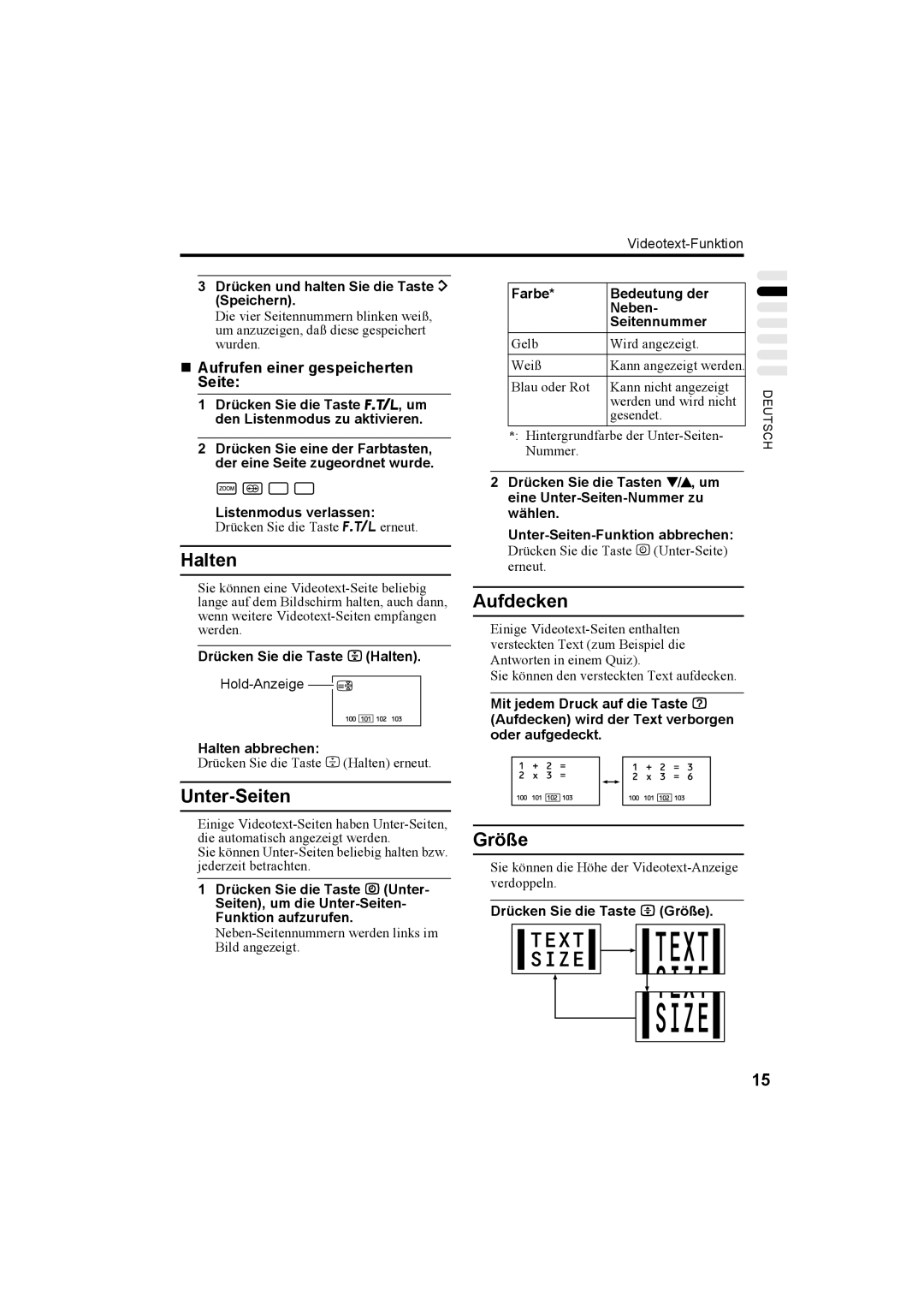 JVC AV32H20EU, AV32X25EU, AV28X25EU, AV28H20EU manual Halten, Aufdecken, Unter-Seiten, Größe 