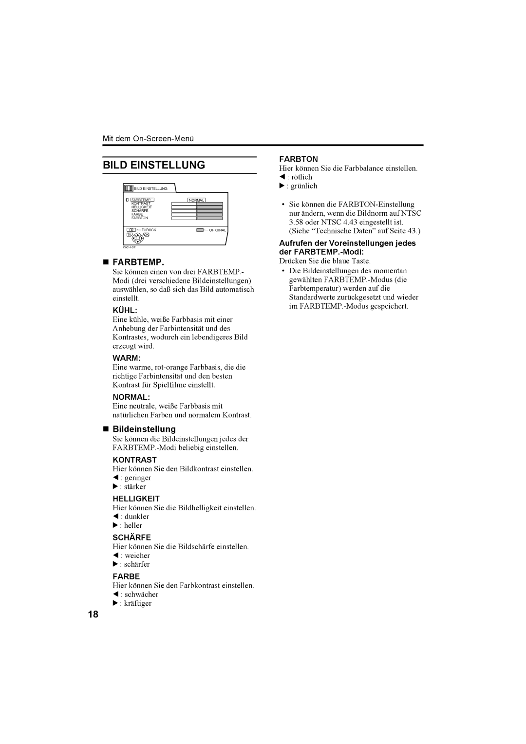 JVC AV28H20EU, AV32X25EU, AV28X25EU, AV32H20EU manual Bild Einstellung, „ Farbtemp, „ Bildeinstellung 