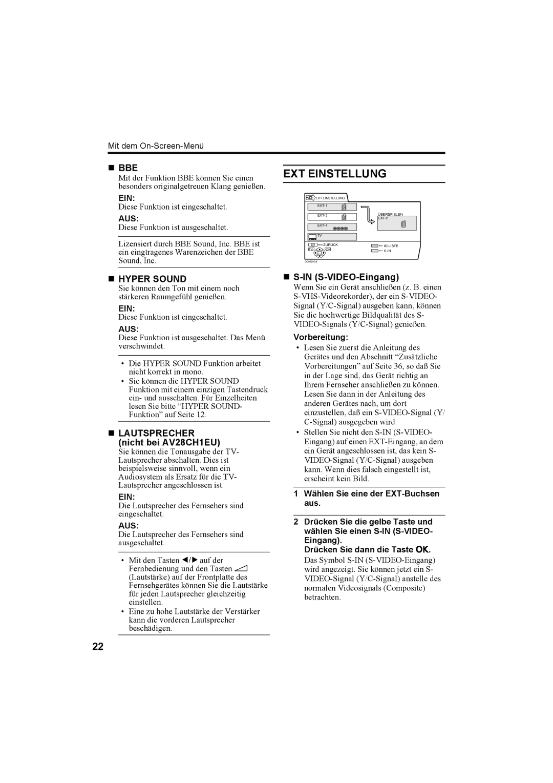 JVC AV28H20EU, AV32X25EU manual EXT Einstellung, „ Lautsprecher nicht bei AV28CH1EU, „ S-IN S-VIDEO-Eingang, Vorbereitung 