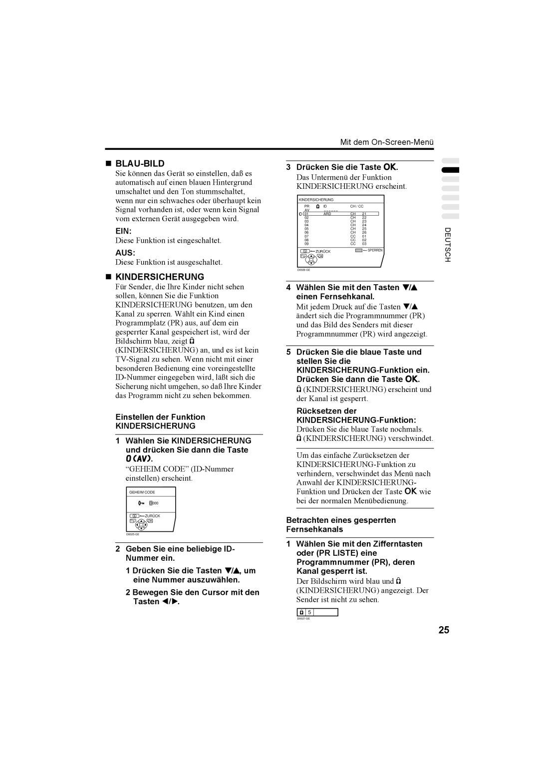 JVC AV28X25EU, AV32X25EU, AV28H20EU, AV32H20EU manual „ Blau-Bild, „ Kindersicherung, Einstellen der Funktion 