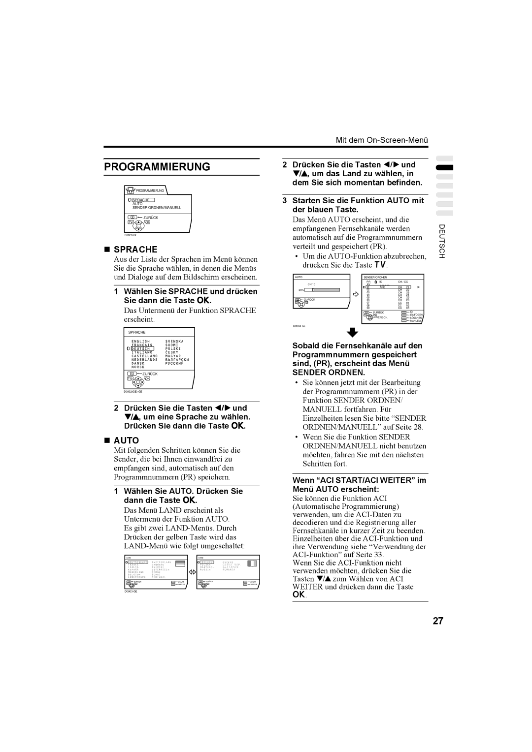 JVC AV32H20EU, AV32X25EU, AV28X25EU, AV28H20EU manual Programmierung, „ Sprache, „ Auto 