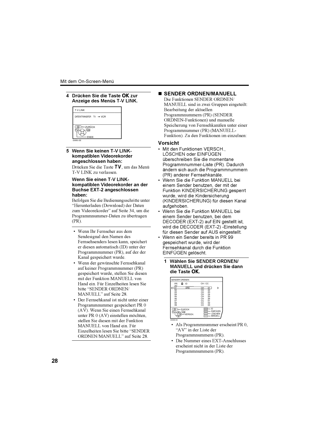 JVC AV32X25EU, AV28X25EU, AV28H20EU „ Sender ORDNEN/MANUELL, Drücken Sie die Taste b, um das Menü T-V Link zu verlassen 