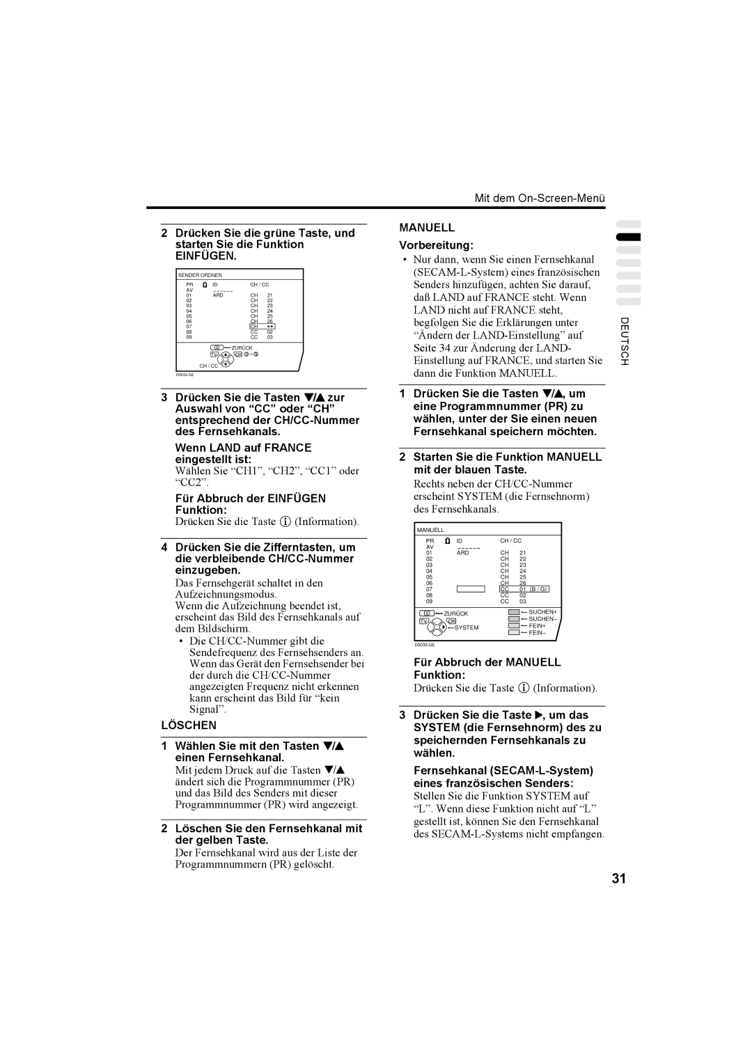 JVC AV32H20EU, AV32X25EU manual Drücken Sie die grüne Taste, und starten Sie die Funktion, Wählen Sie CH1, CH2, CC1 oder CC2 