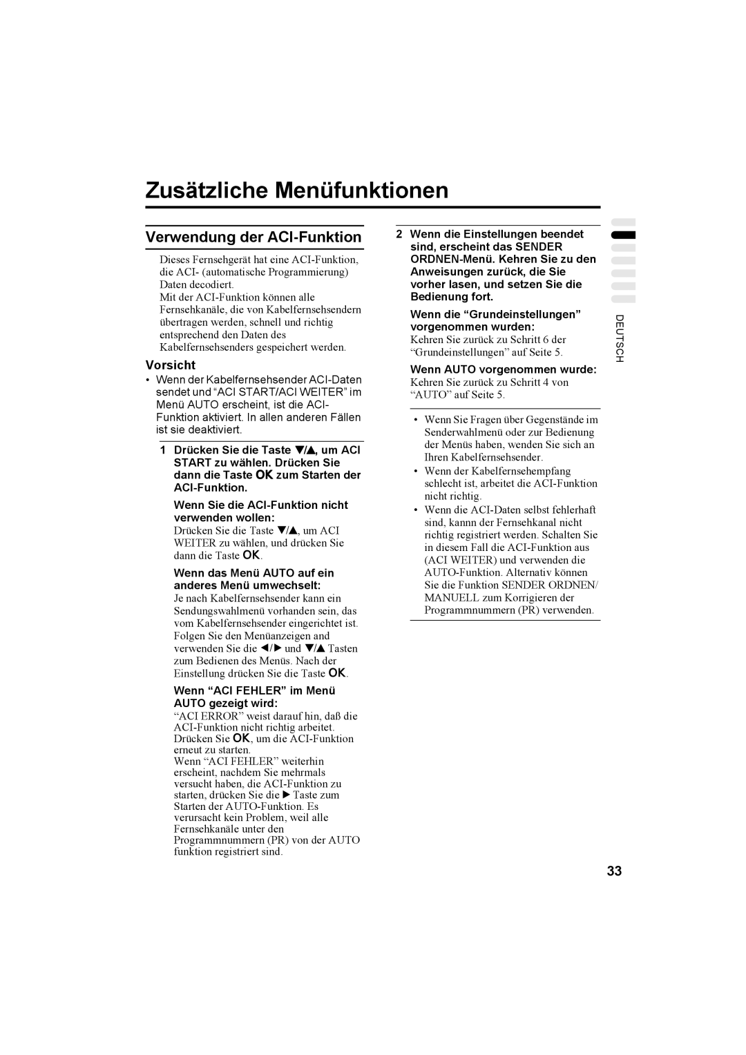 JVC AV28X25EU Zusätzliche Menüfunktionen, Verwendung der ACI-Funktion, Wenn das Menü Auto auf ein anderes Menü umwechselt 