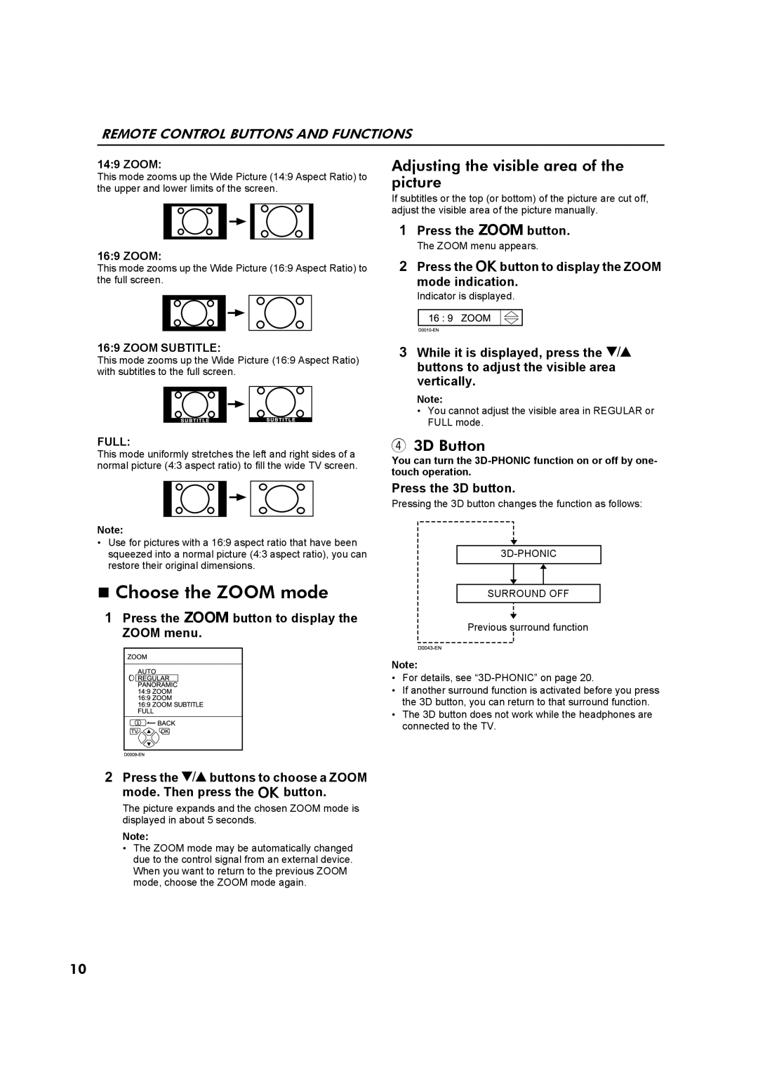 JVC AV32Z10EU manual Choose the Zoom mode, Adjusting the visible area of the picture, 3D Button, Press the 3D button 