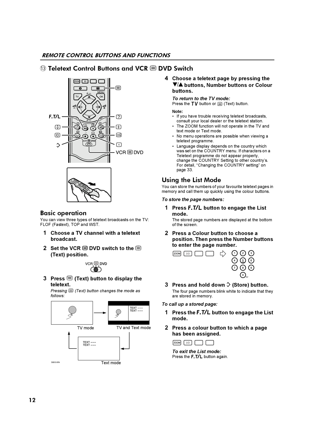 JVC AV32Z10EU manual D0012-EN, ~ Teletext Control Buttons and VCR P DVD Switch, Using the List Mode, Basic operation 