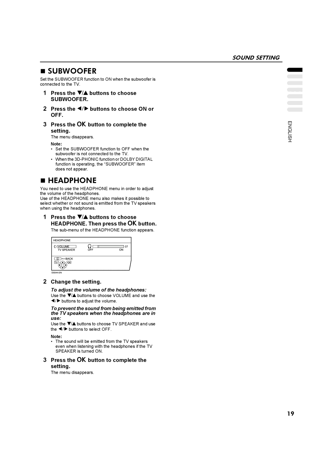 JVC AV32Z10EU manual Subwoofer, Headphone, Change the setting, To adjust the volume of the headphones 