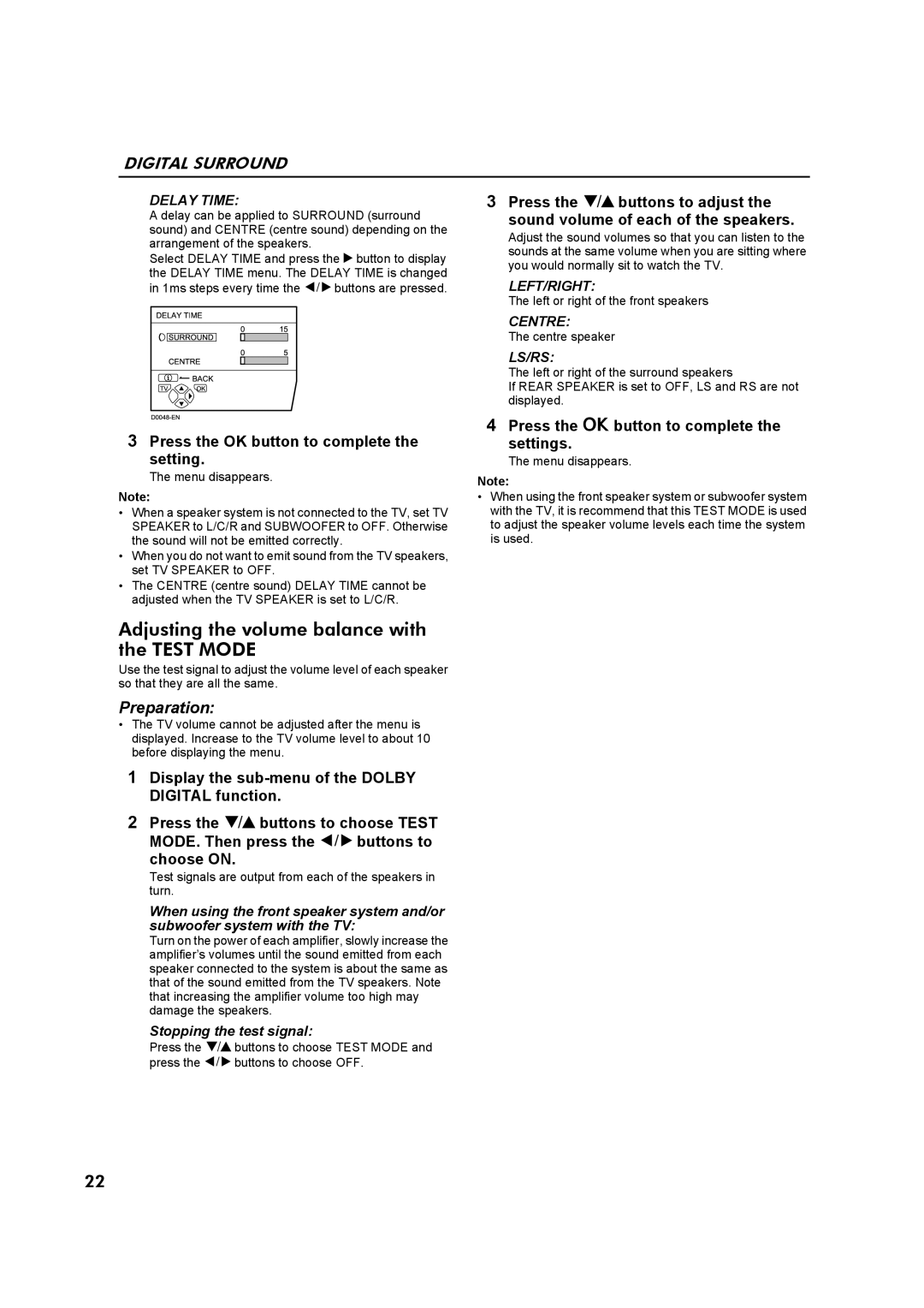 JVC AV32Z10EU manual Adjusting the volume balance with the Test Mode, Stopping the test signal, Centre speaker 