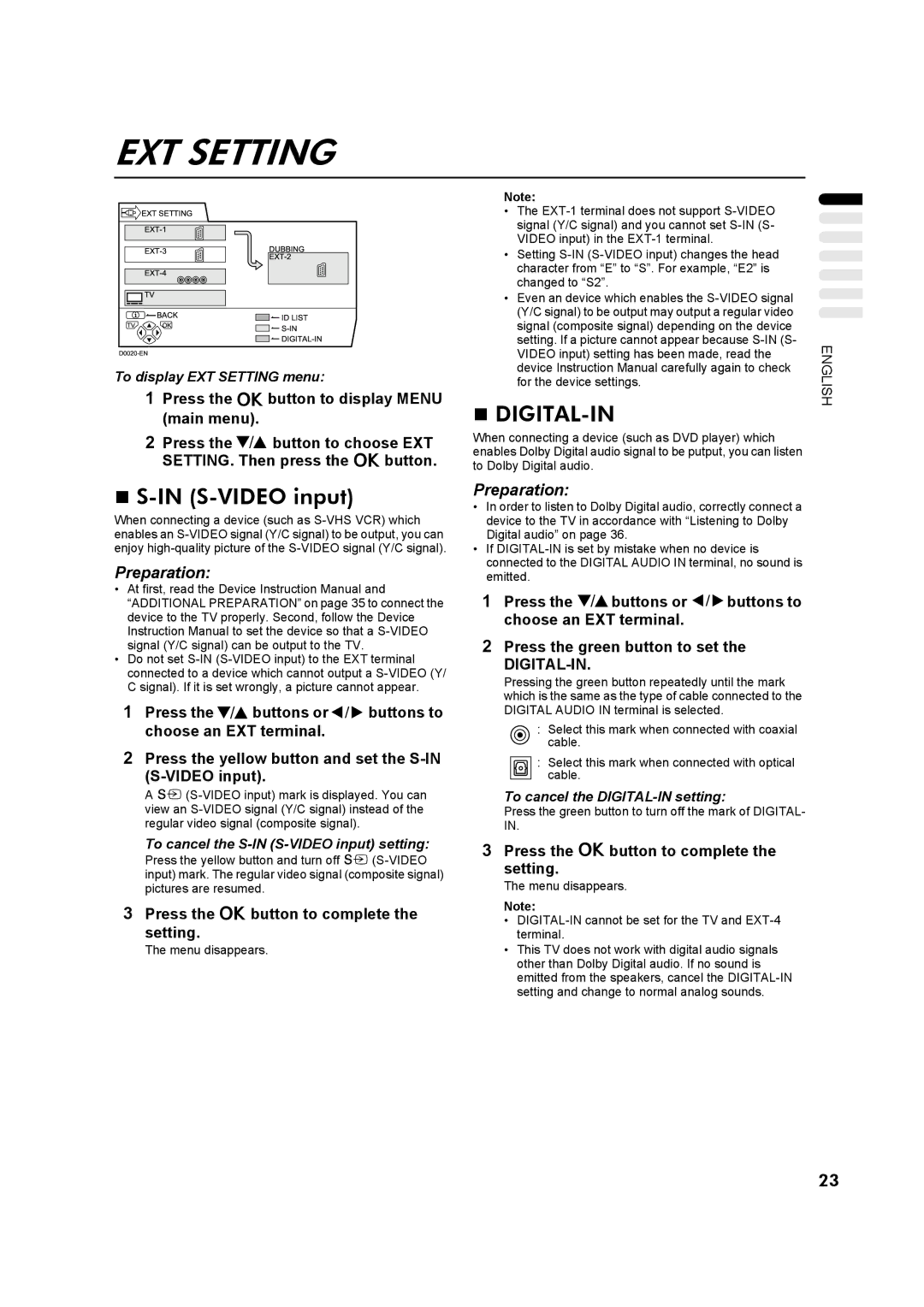 JVC AV32Z10EU manual EXT Setting, Digital-In, S-VIDEO input 