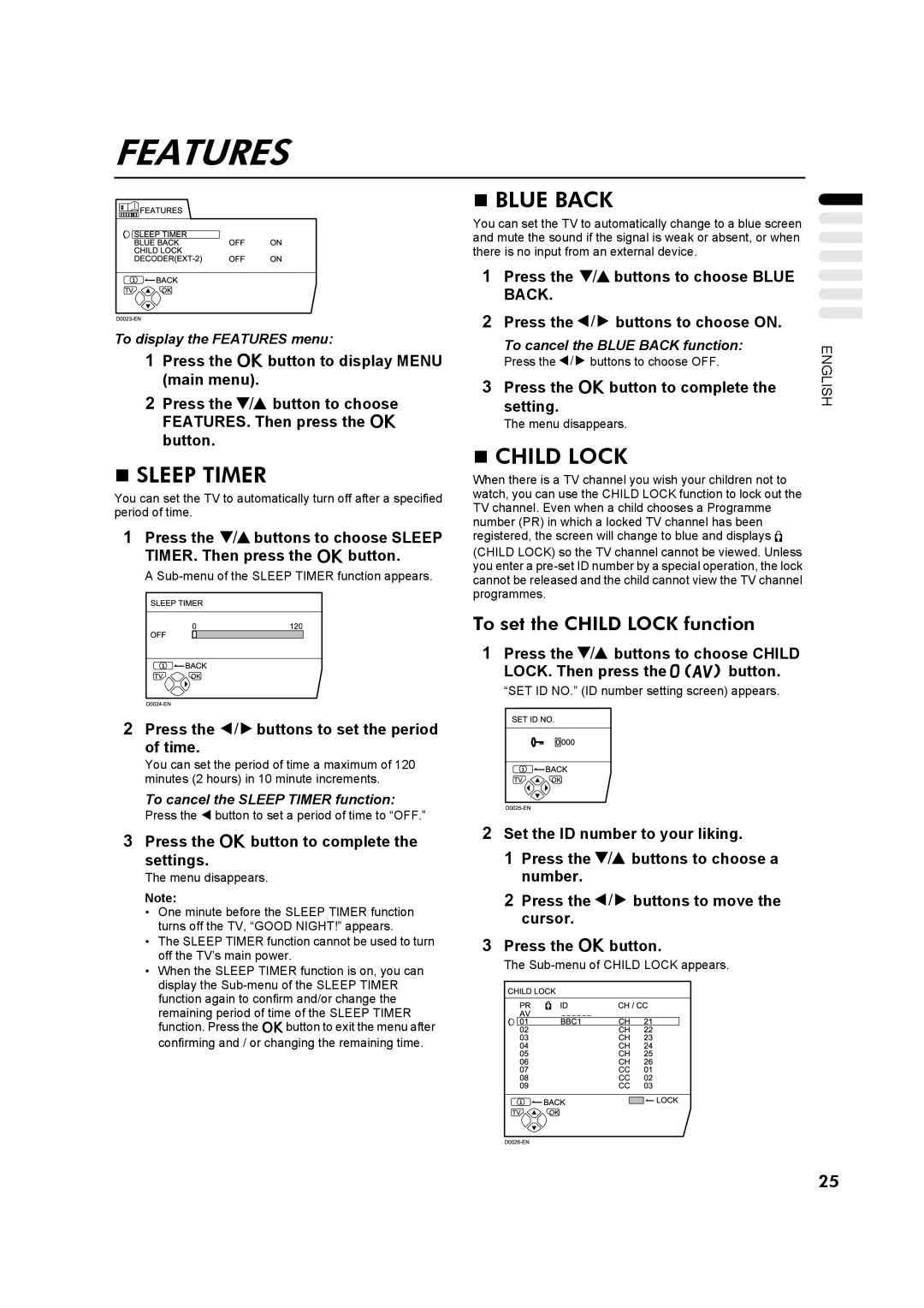 JVC AV32Z10EU manual Features, Blue Back, Sleep Timer, To set the Child Lock function 