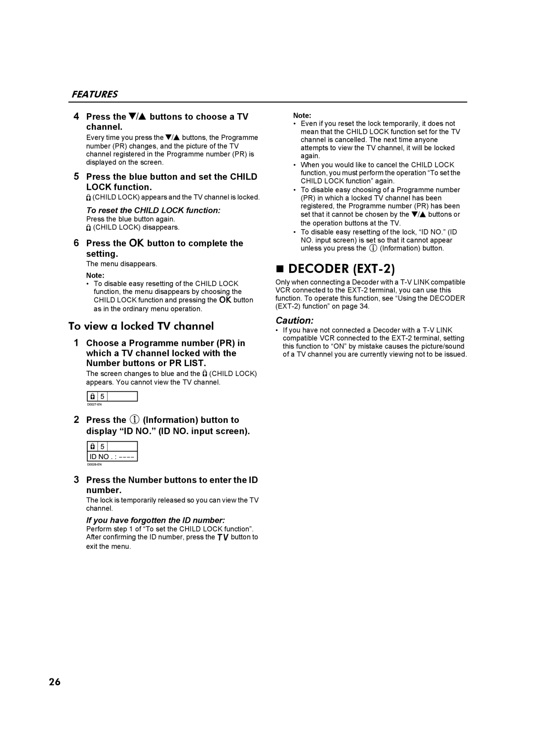 JVC AV32Z10EU manual D0028-EN, Decoder EXT-2, To view a locked TV channel 