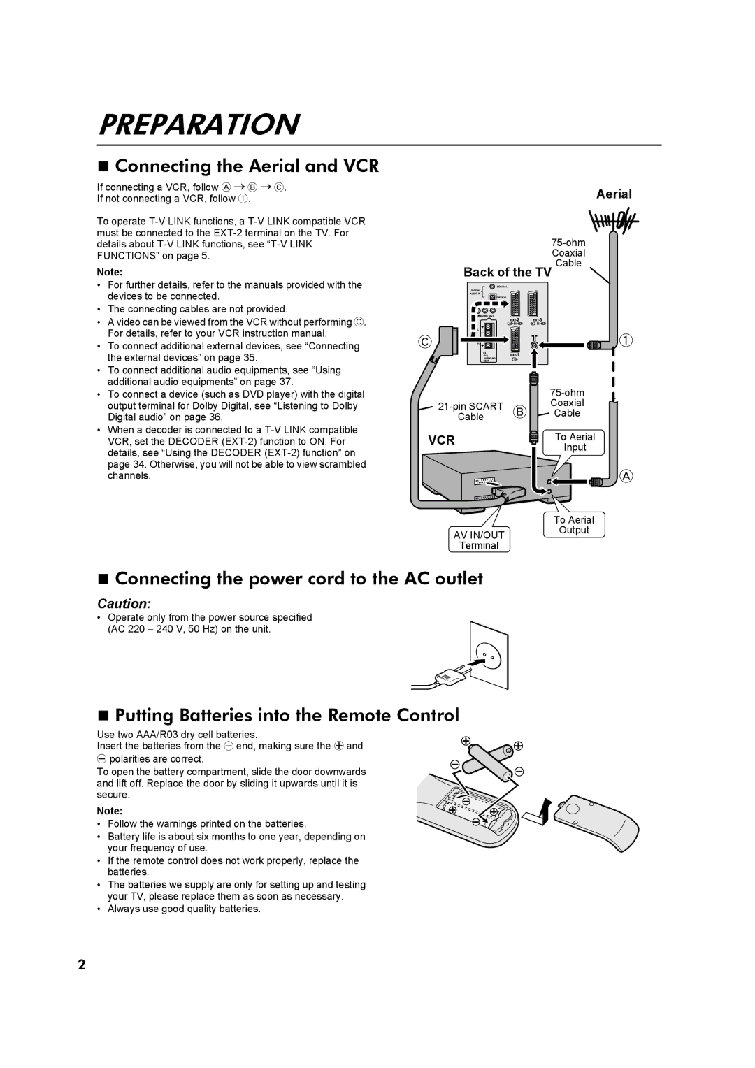 JVC AV32Z10EU manual Preparation, Connecting the Aerial and VCR, Connecting the power cord to the AC outlet, Vcr 