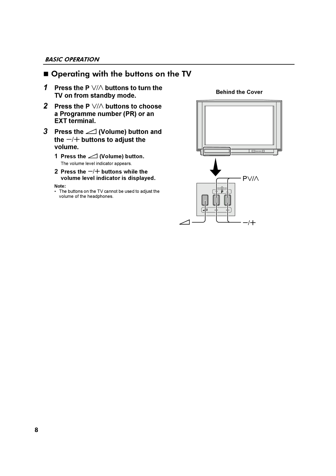 JVC AV32Z10EU manual Operating with the buttons on the TV, Behind the Cover, Press the r Volume button 