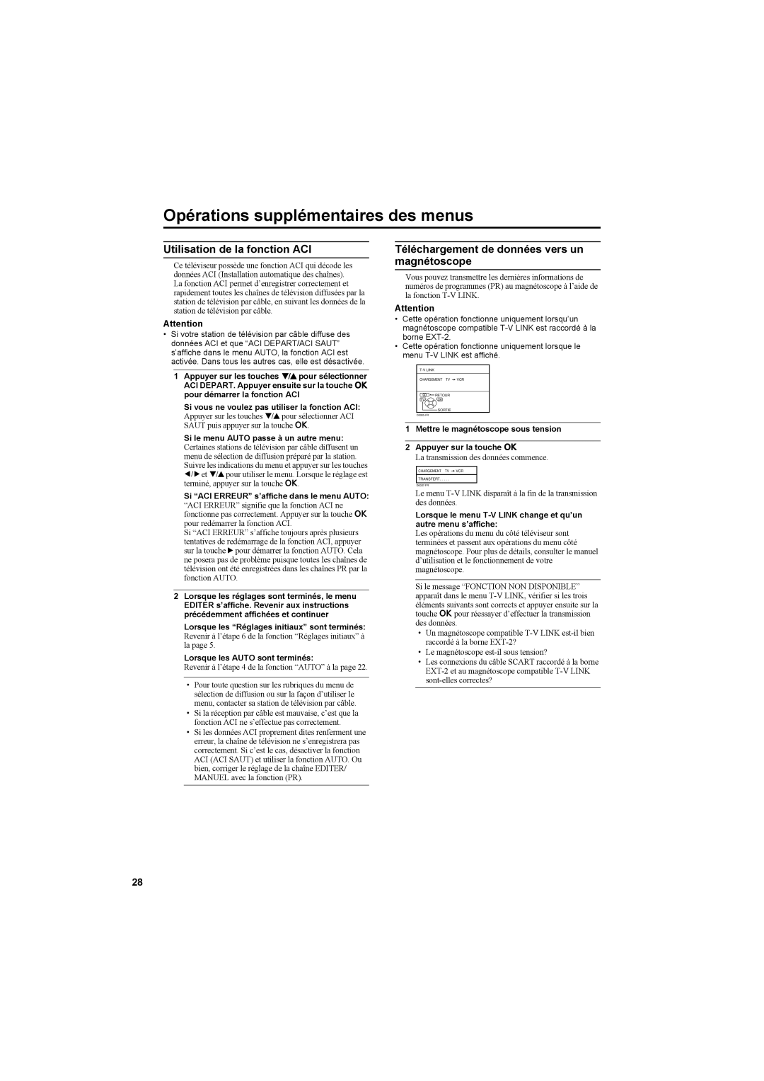 JVC AV42PD20ES manual Opérations supplémentaires des menus, Utilisation de la fonction ACI 