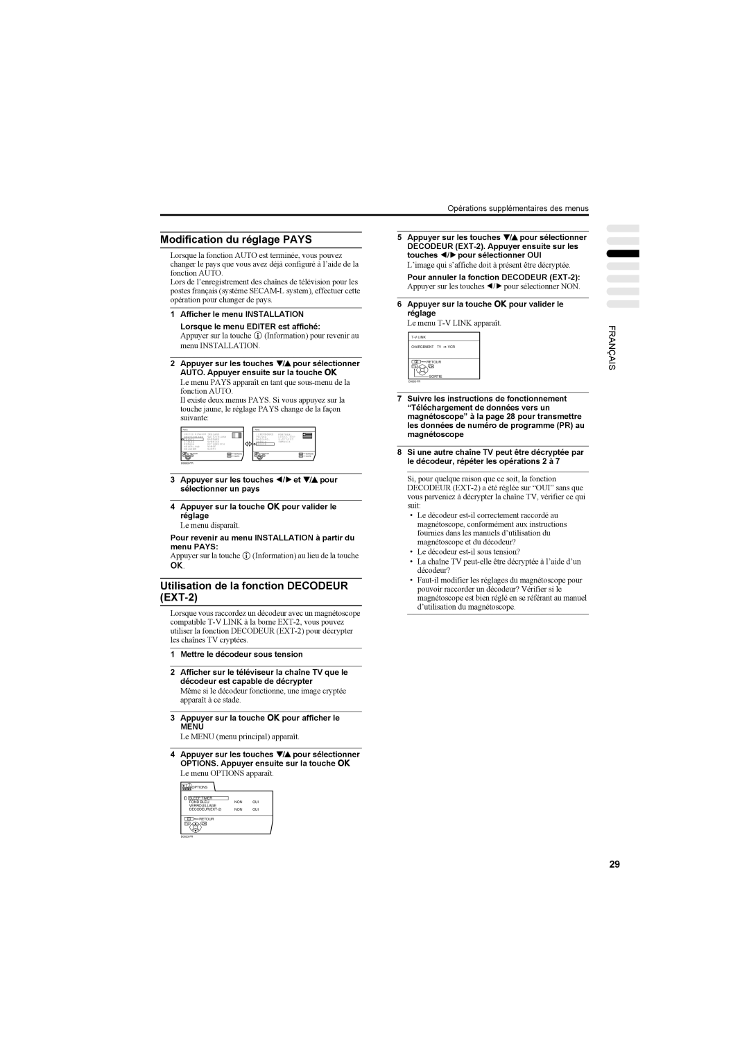 JVC AV42PD20ES manual Modification du réglage Pays, Utilisation de la fonction Decodeur EXT-2, Menu 