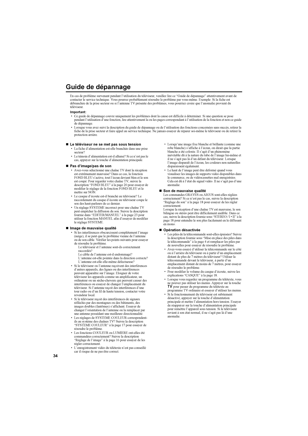 JVC AV42PD20ES manual Guide de dépannage 