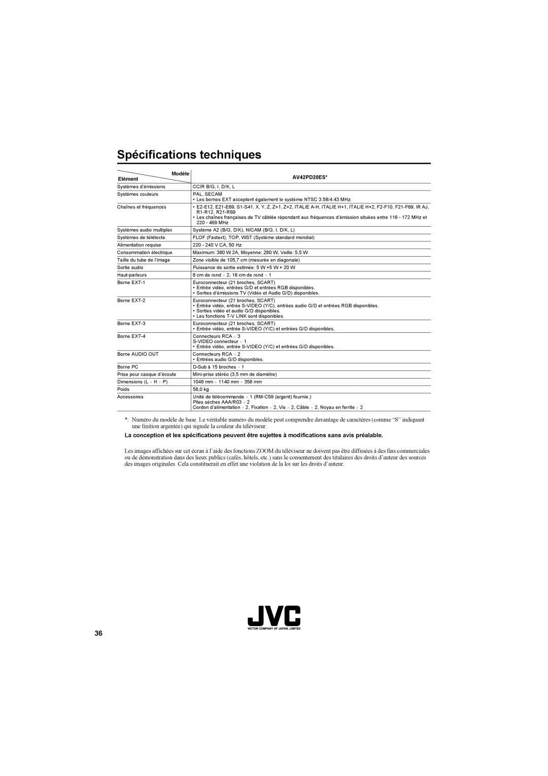 JVC AV42PD20ES manual Spécifications techniques, Elément 