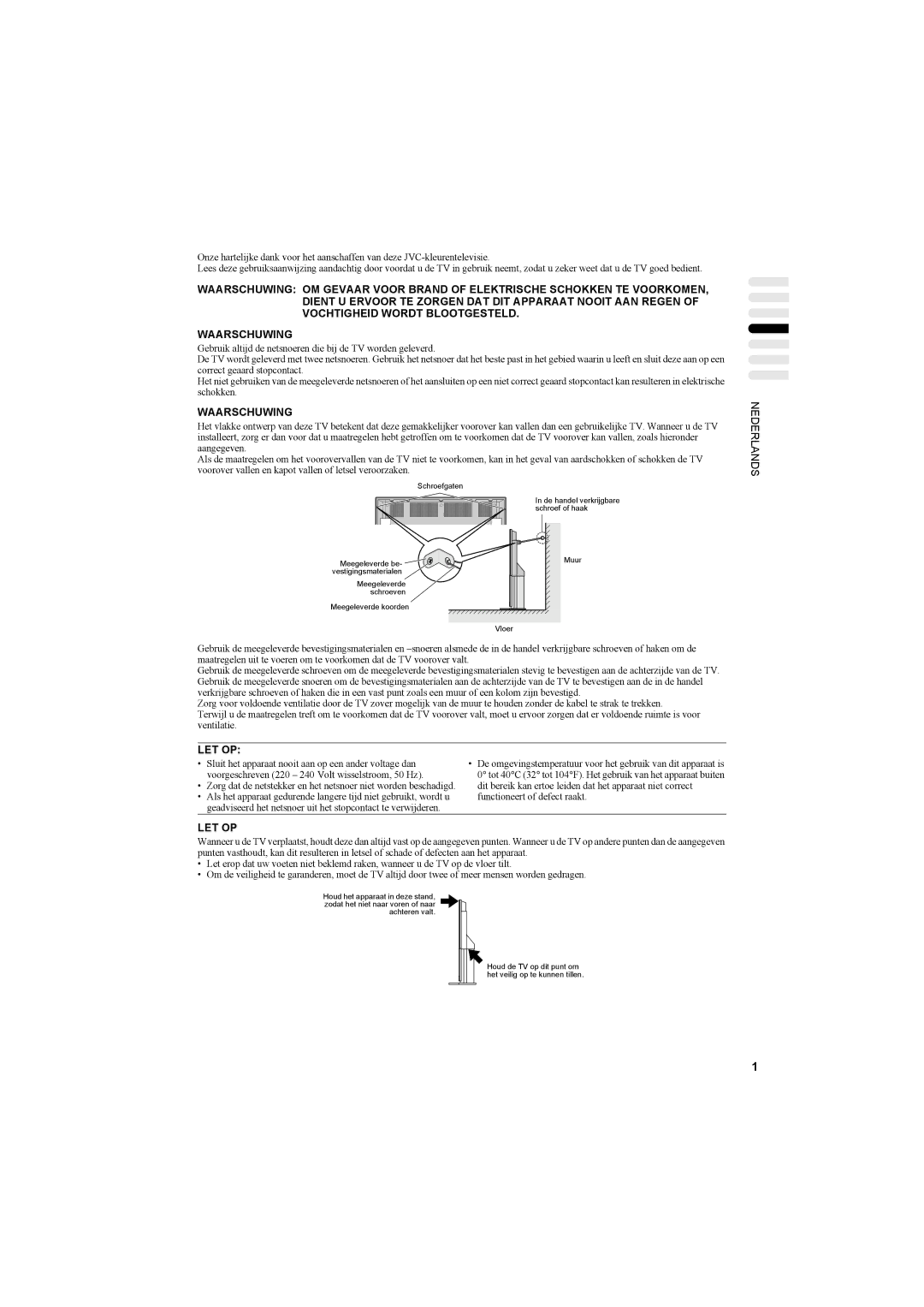 JVC AV42PD20ES manual Waarschuwing, Let Op 