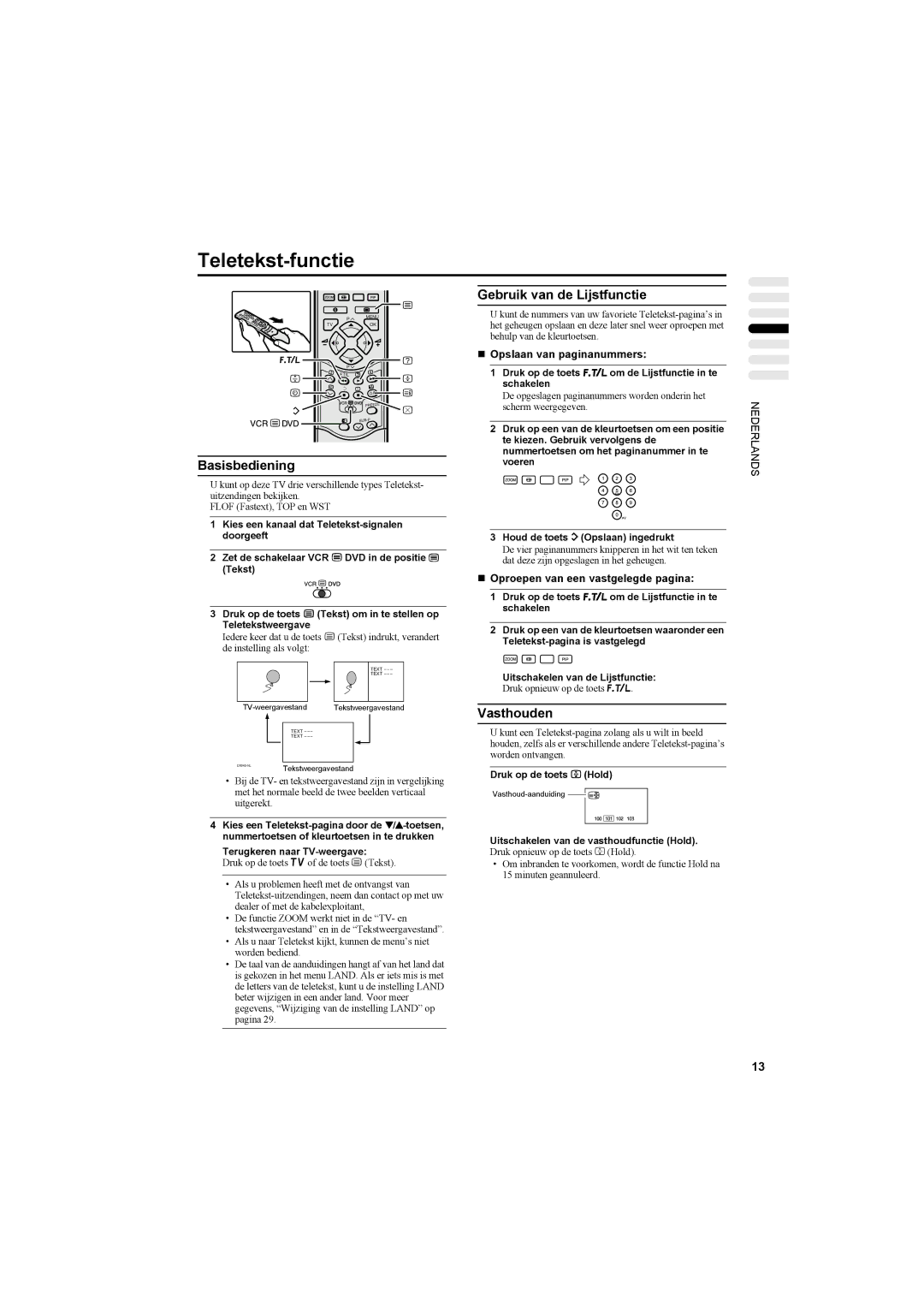 JVC AV42PD20ES manual Teletekst-functie, Basisbediening, Gebruik van de Lijstfunctie, Vasthouden 