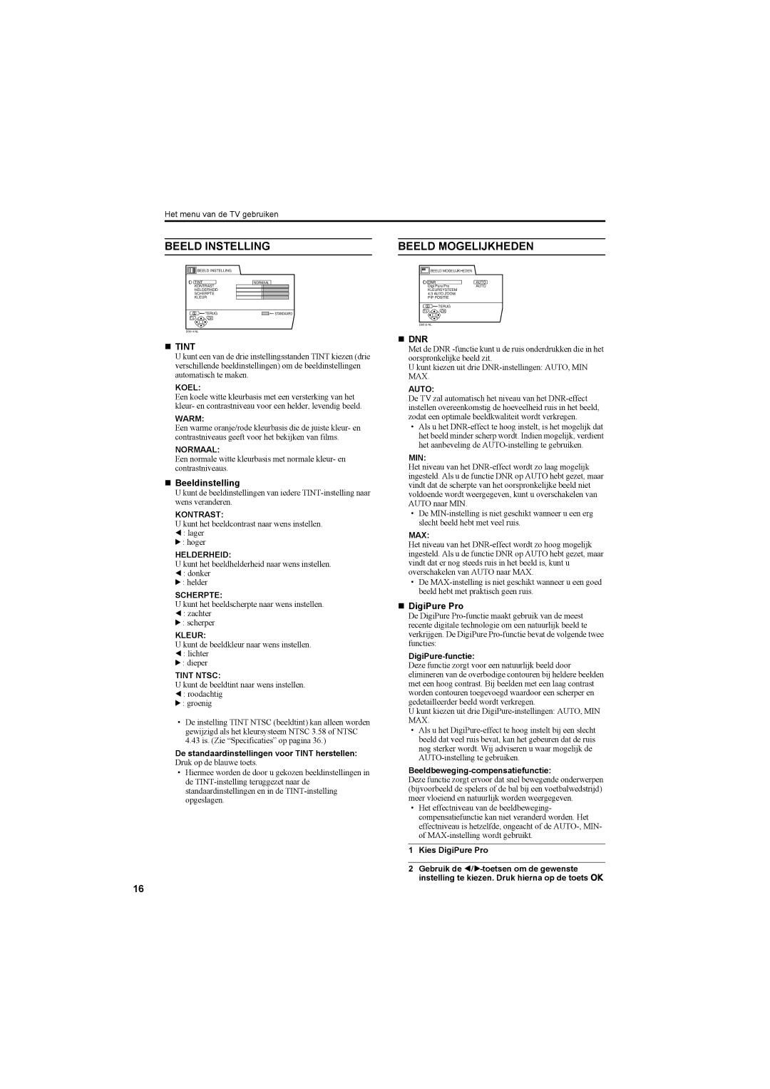 JVC AV42PD20ES manual Beeld Instelling, Beeld Mogelijkheden, „ Beeldinstelling, „ Dnr 