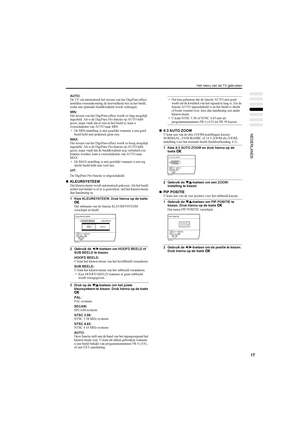 JVC AV42PD20ES manual „ Kleursysteem, „ PIP Positie, Uit, Hoofd Beeld, SUB Beeld 