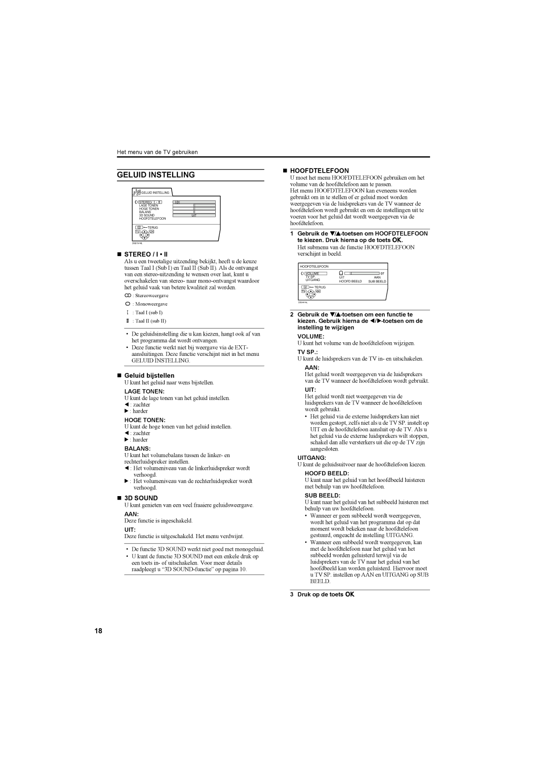 JVC AV42PD20ES manual Geluid Instelling, „ Geluid bijstellen, „ Hoofdtelefoon 