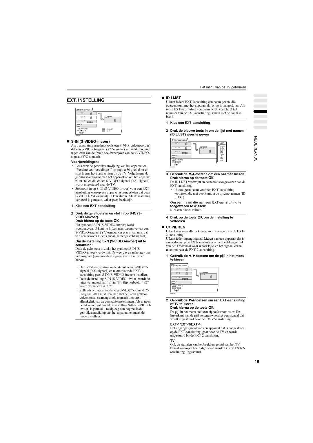 JVC AV42PD20ES manual EXT. Instelling, „ S-IN S-VIDEO-invoer, „ ID Lijst, „ Copieren 