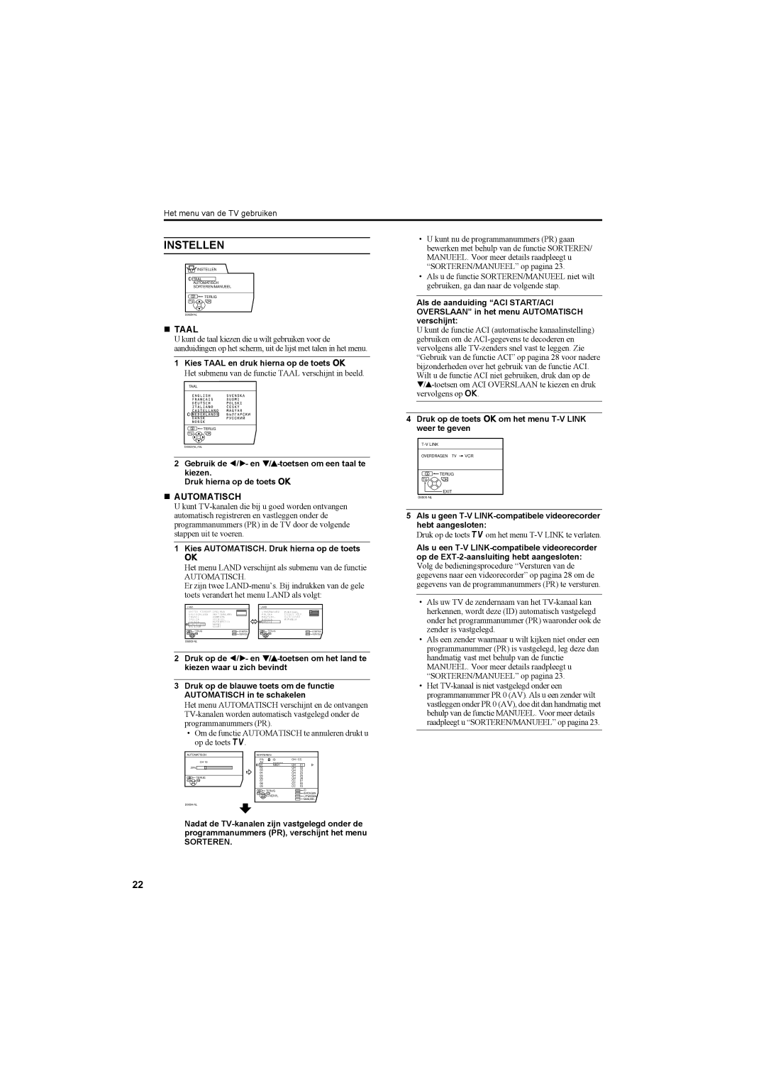 JVC AV42PD20ES manual Instellen, „ Taal, „ Automatisch, Kies Taal en druk hierna op de toets a 