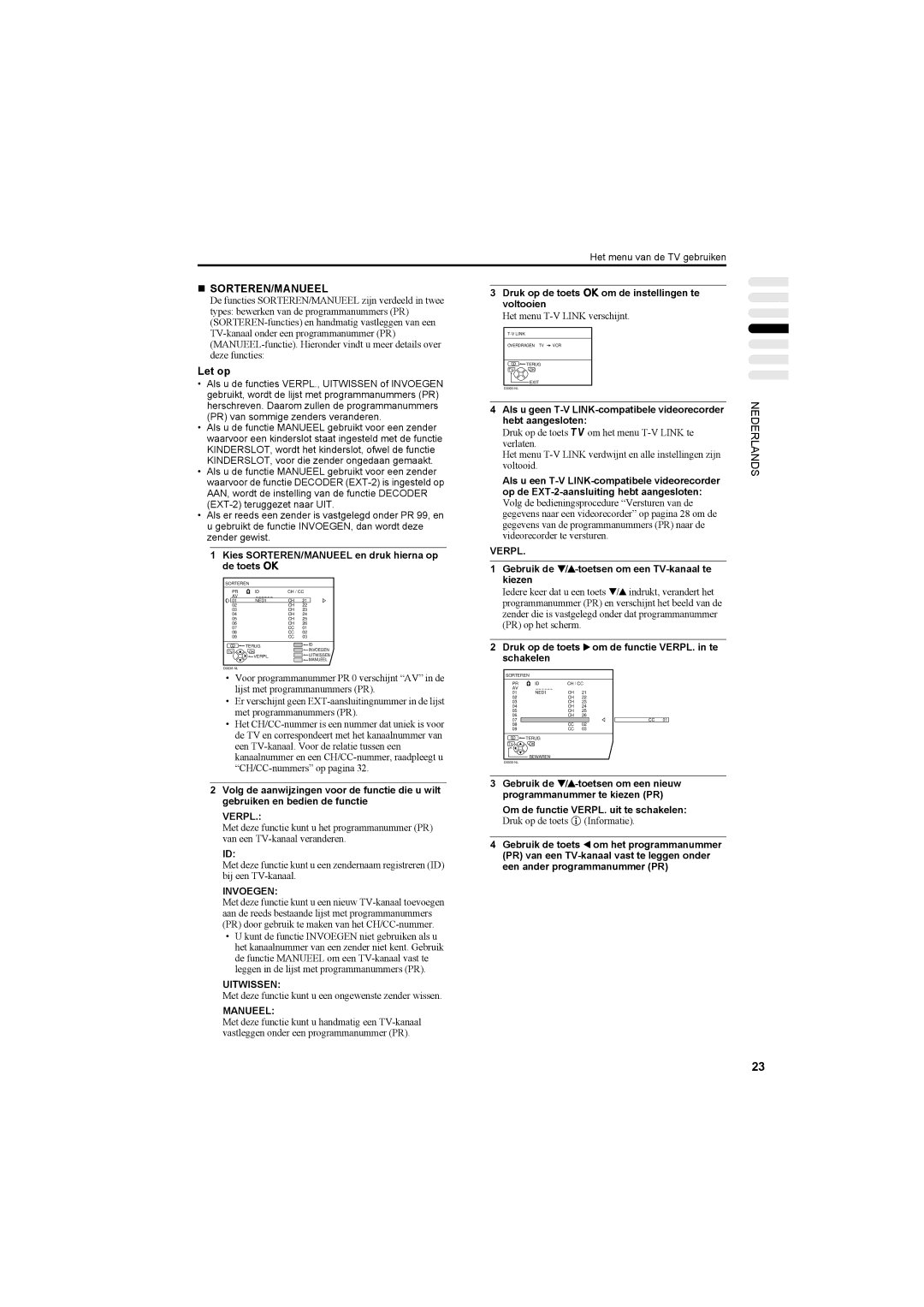 JVC AV42PD20ES manual „ Sorteren/Manueel, Verpl, Invoegen, Uitwissen 